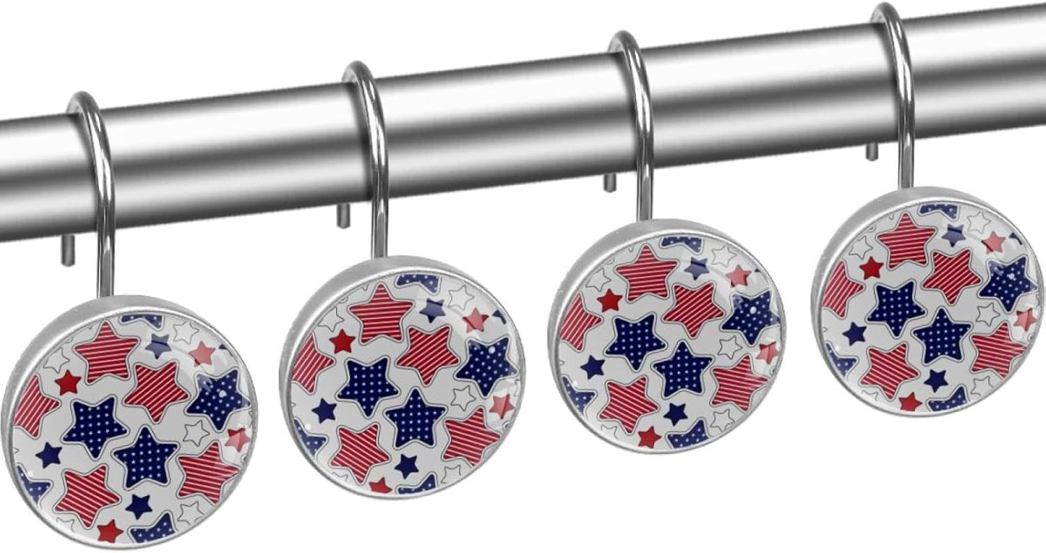 Independence Day Shower Curtain Hooks - Patriotic Red White Blue Star Stripe Design - Set of 12 Rustproof Decorative Rings for Bathroom Decor