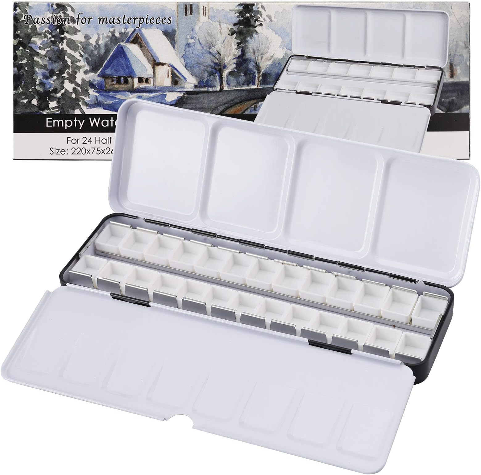 MYARTOOL Empty Watercolor Palette, Metal Empty Watercolor Tin Palette Paint Case with 24 PCS Empty Half Pans for DIY Travel Watercolor Palette, Acrylic and Oil Painting