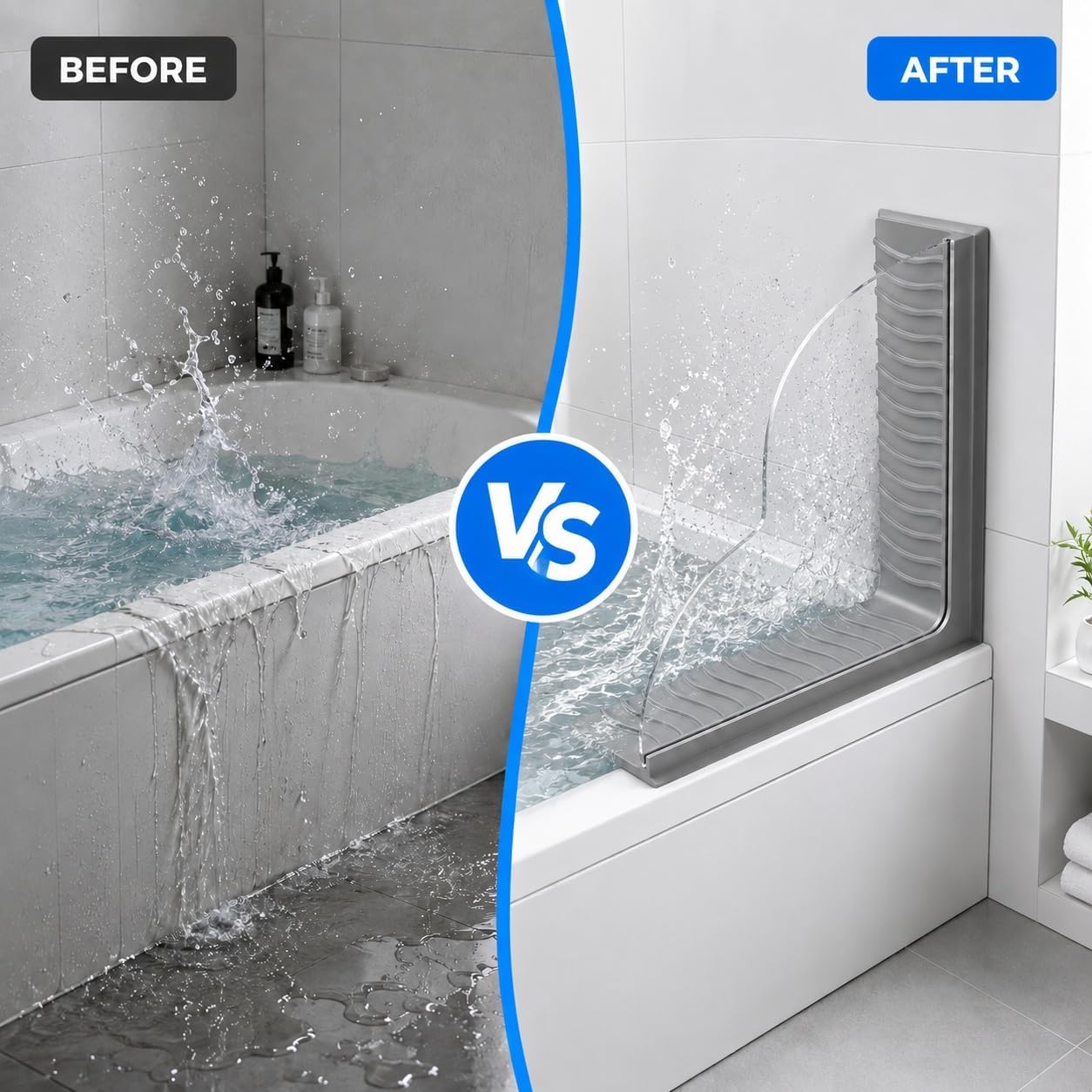 Splash Guard for Bathtub, 2-Piece Shower Splash Guard with Clear Acrylic Panel & Silicone Base, No Adhesive Shower Water Guard for Tub Corner, Shower Guards to Keep Water in Shower (Gray)
