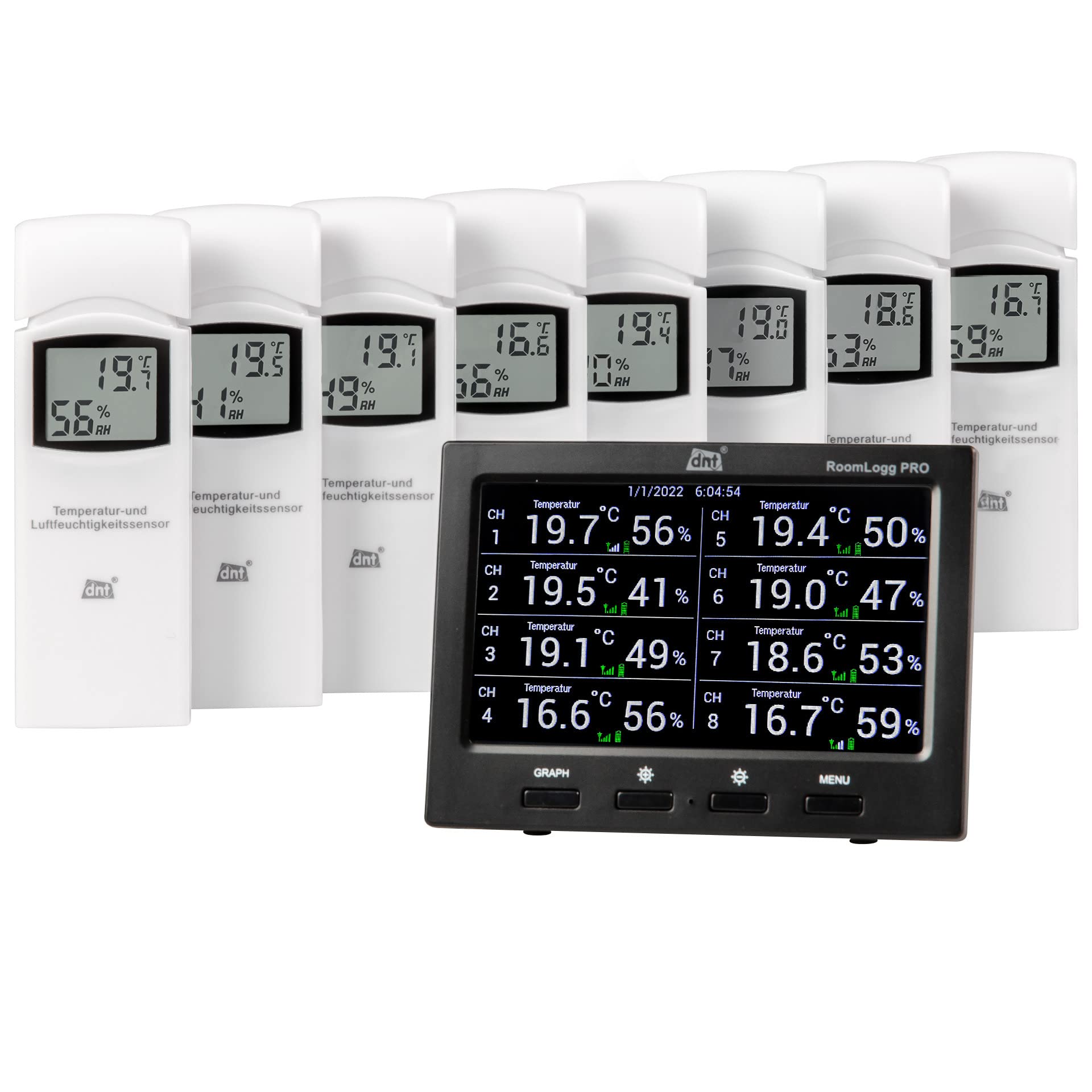 dnt Spar-Set Funk-Raumklimastation RoomLogg PRO, mit 8 Thermo-/Hygrosensoren und Auswertesoftware
