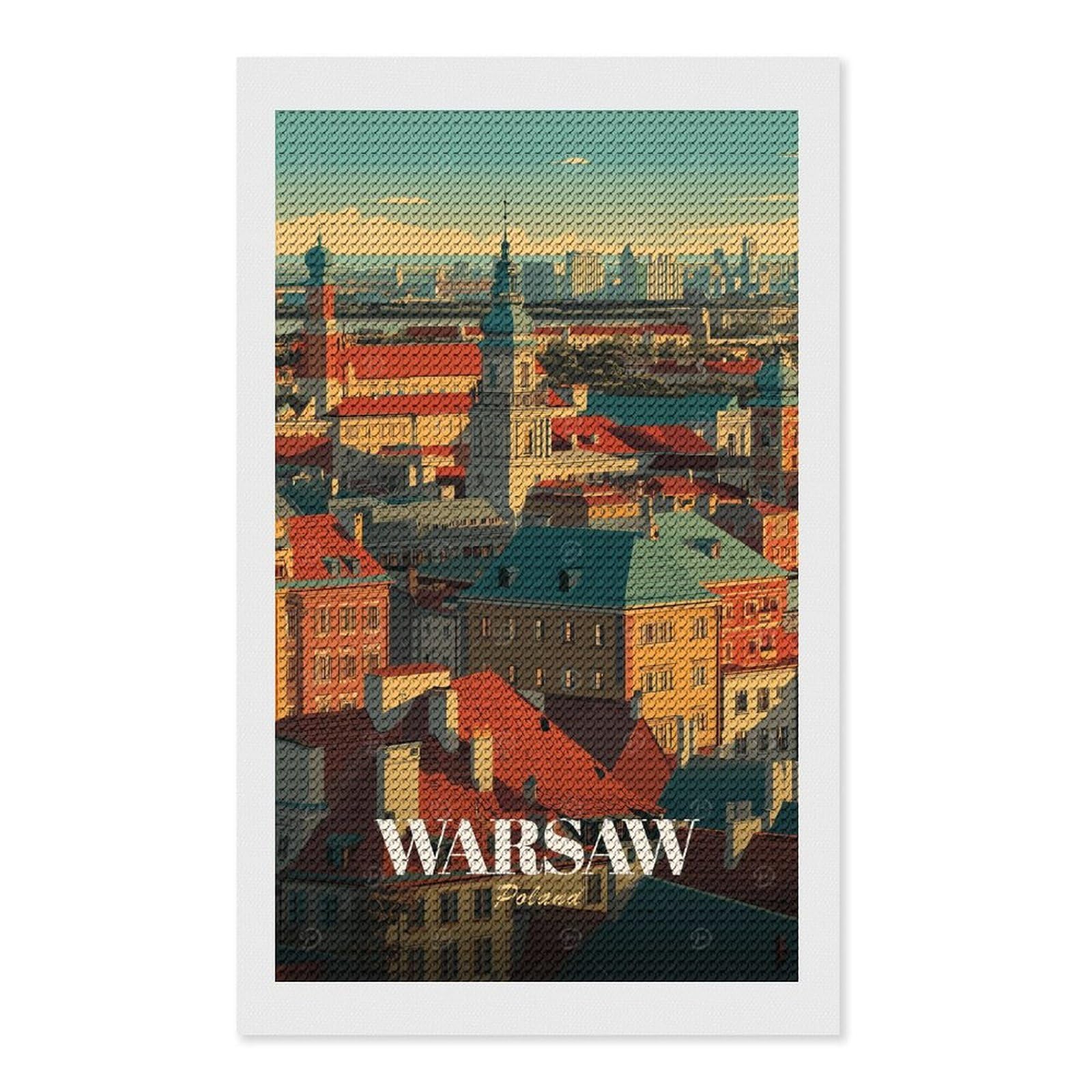 Junmoney Warsaw, Poland Cityscape Illustration Diamond Painting Canvas Set 12"x20", Full Kit Included, Calming Craft to Unwind, Farmhouse Decor, Christmas Gift