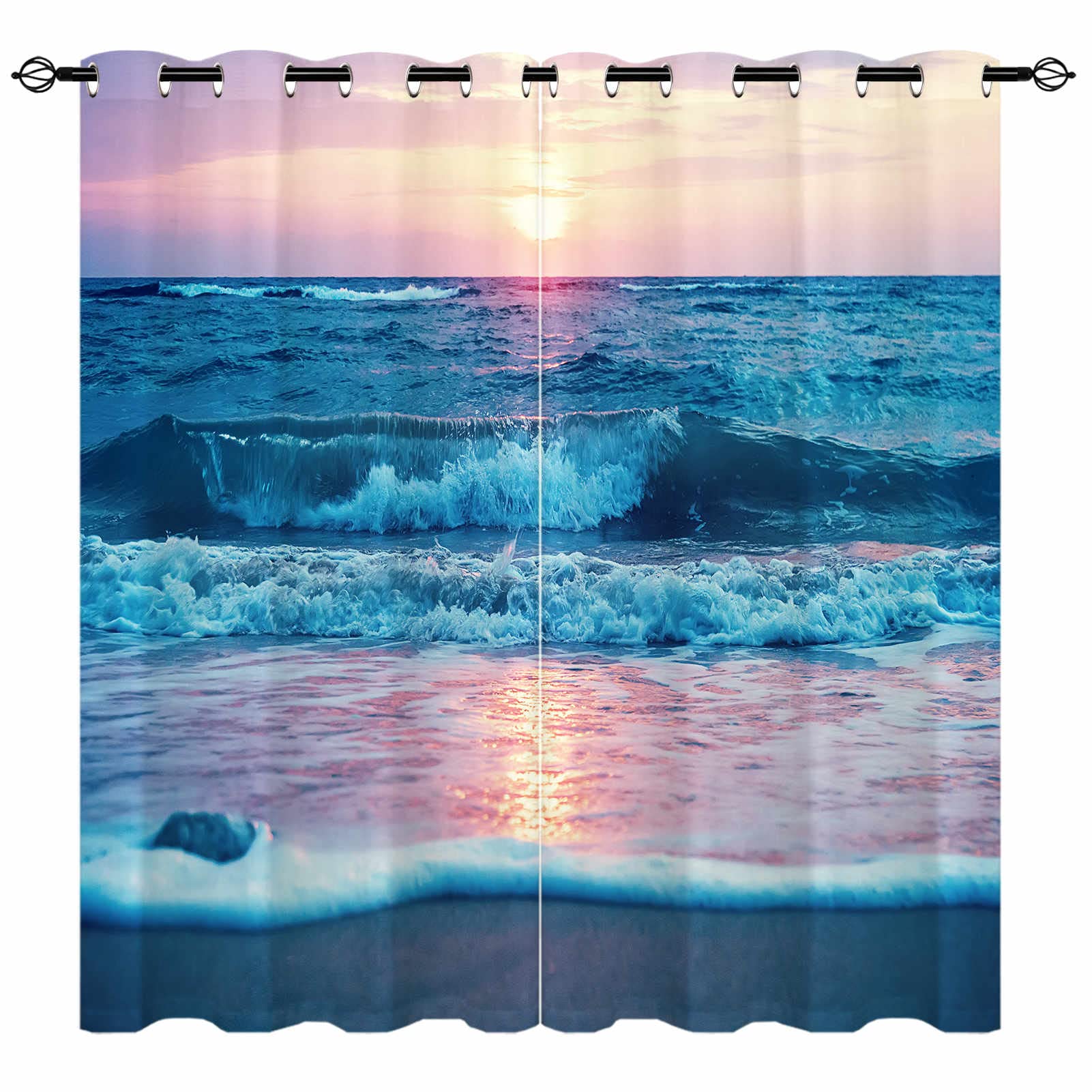 YUANZU Wave Sunrise Curtains - Beach Tropical Ocean Sea Foam Seaside Nature Scenery Pattern Eyelet Thermal & Room Darkening Blackout Window Drapes for Bedroom Living Room 2 Panels W229cm x D229cm โ image 1