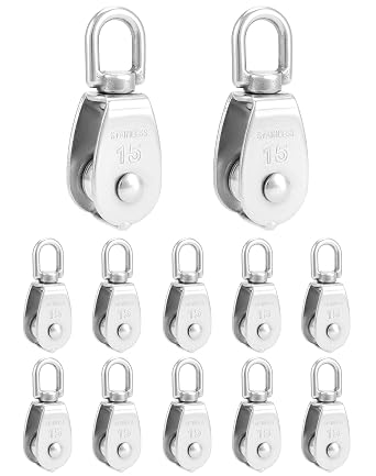 QWORK  12PCS M25 Singe Pulley Block, 304 Stainless Steel 360  Swivel Pulley Wheel Roller for  6mm Wire Diameter, Loading 35kg/77lbs