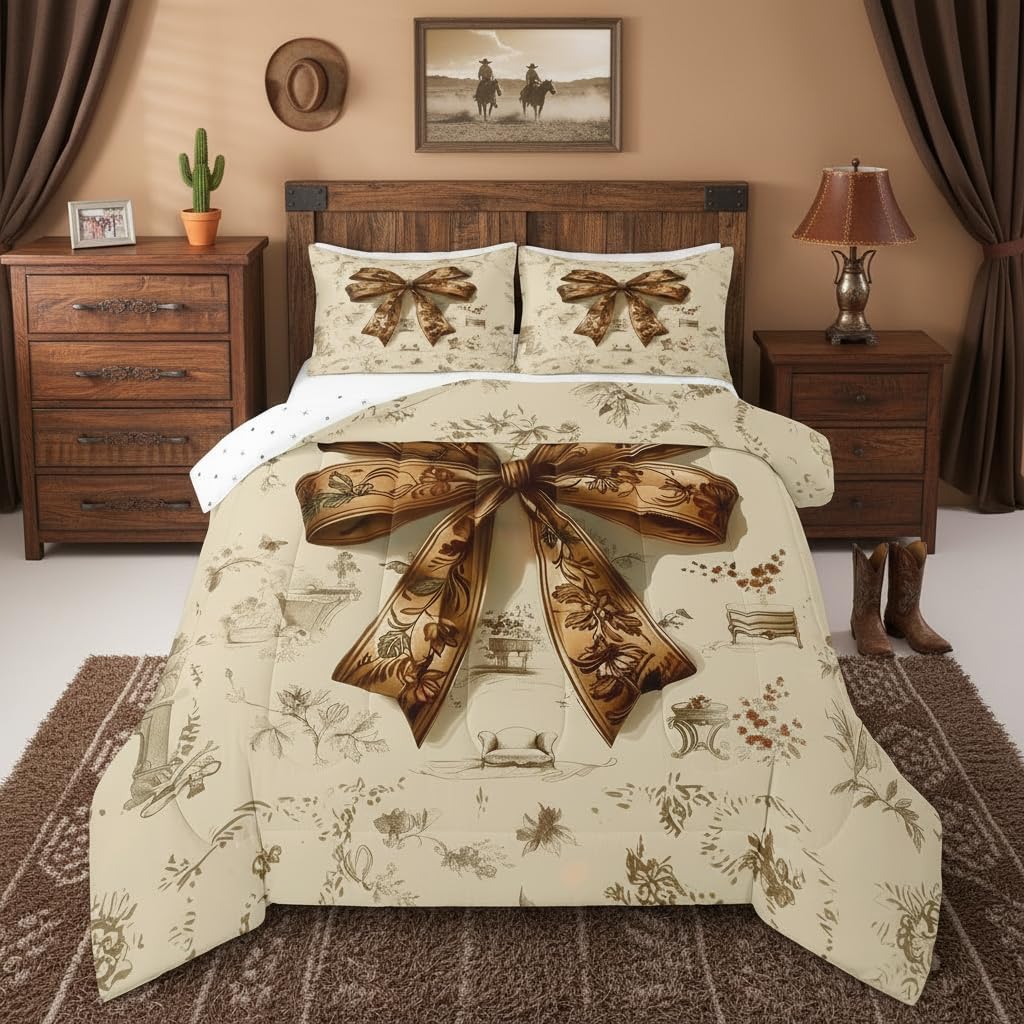 Erosebridal Brown Bowknot Comforter Set Twin | Coquette Decor Bohemian Bedding Set Western Cowboy Down Comforter Hippie Pastoral Style Quilt Soft Warm Bedroom Decor,2 Piece with 1 Pillowcase