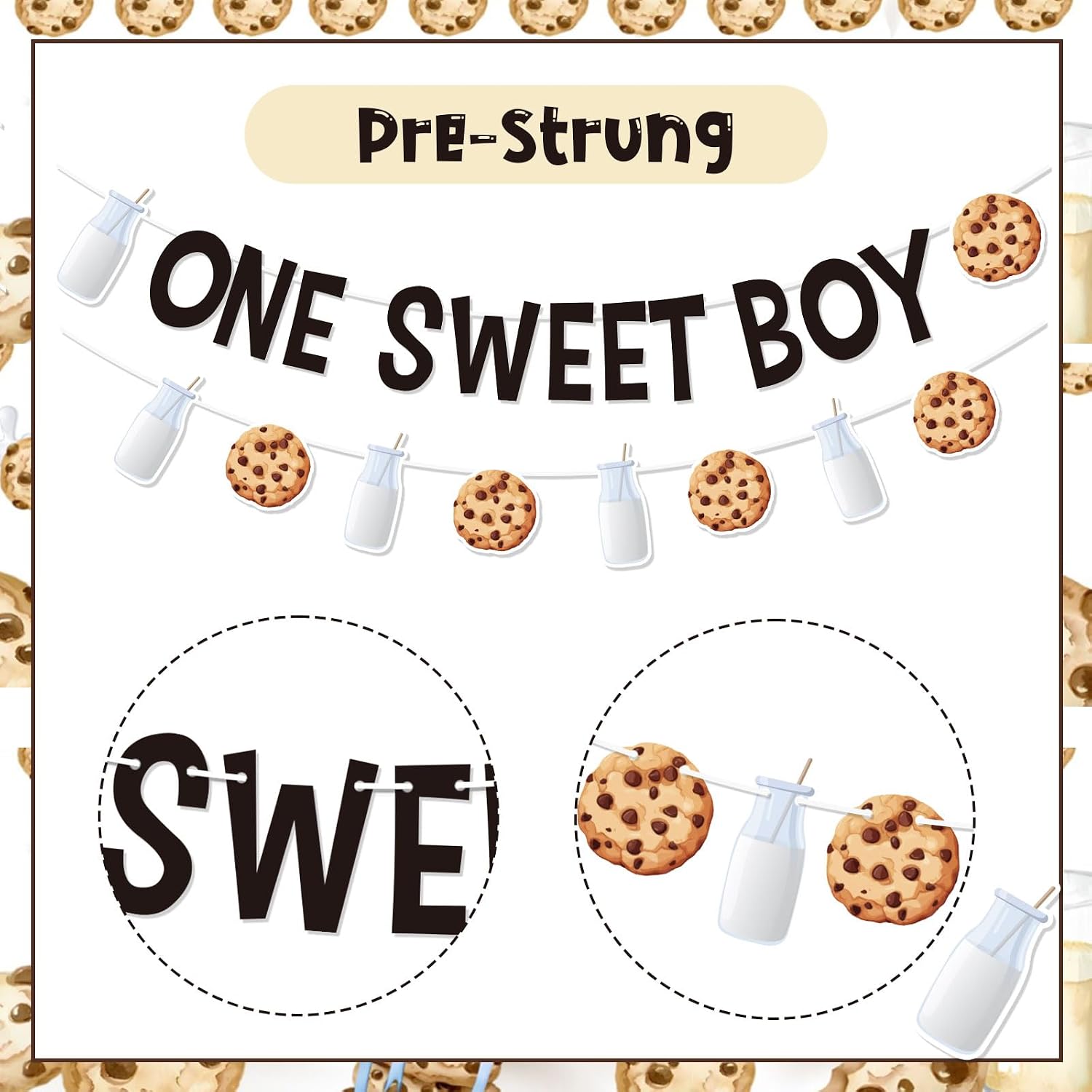 Jollyboom Milk and Cookies 1st Birthday Party Decorations, One Sweet Boy Milk and Cookies Banner Garland for One 1 Year Old First Birthday Party Decorations Chocolate Chip