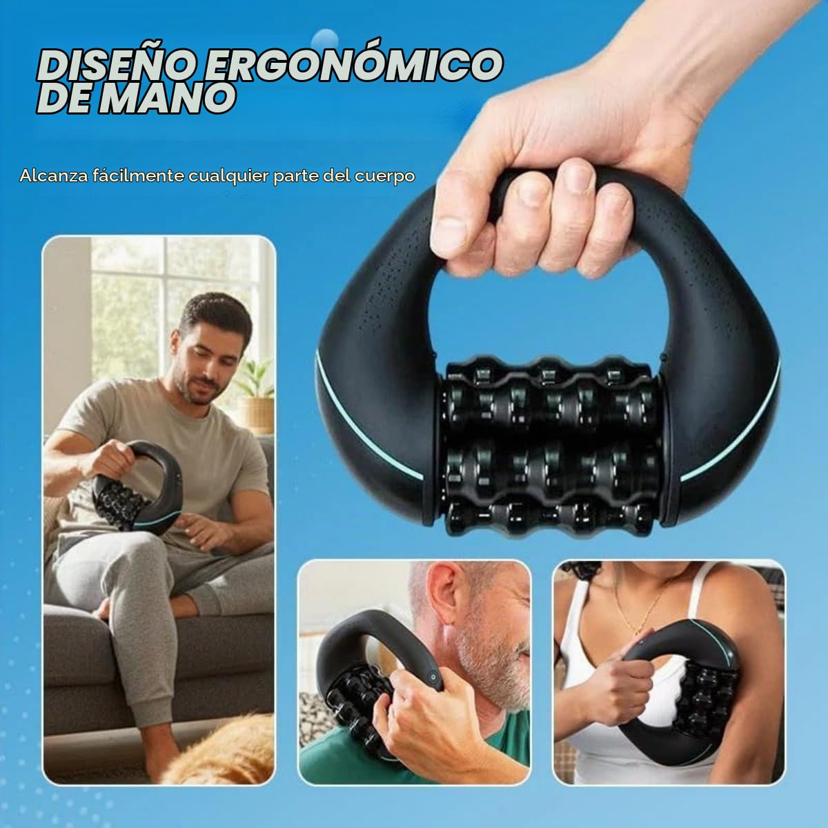 Masajeador de Rodillos Eléctrico Portátil, Rodillo de Masaje Eléctrico con Mango, Masajeador EléCtrico de Mano con Rodillos, 3 Niveles de Intensidad para Espalda, Cuello y Piernas