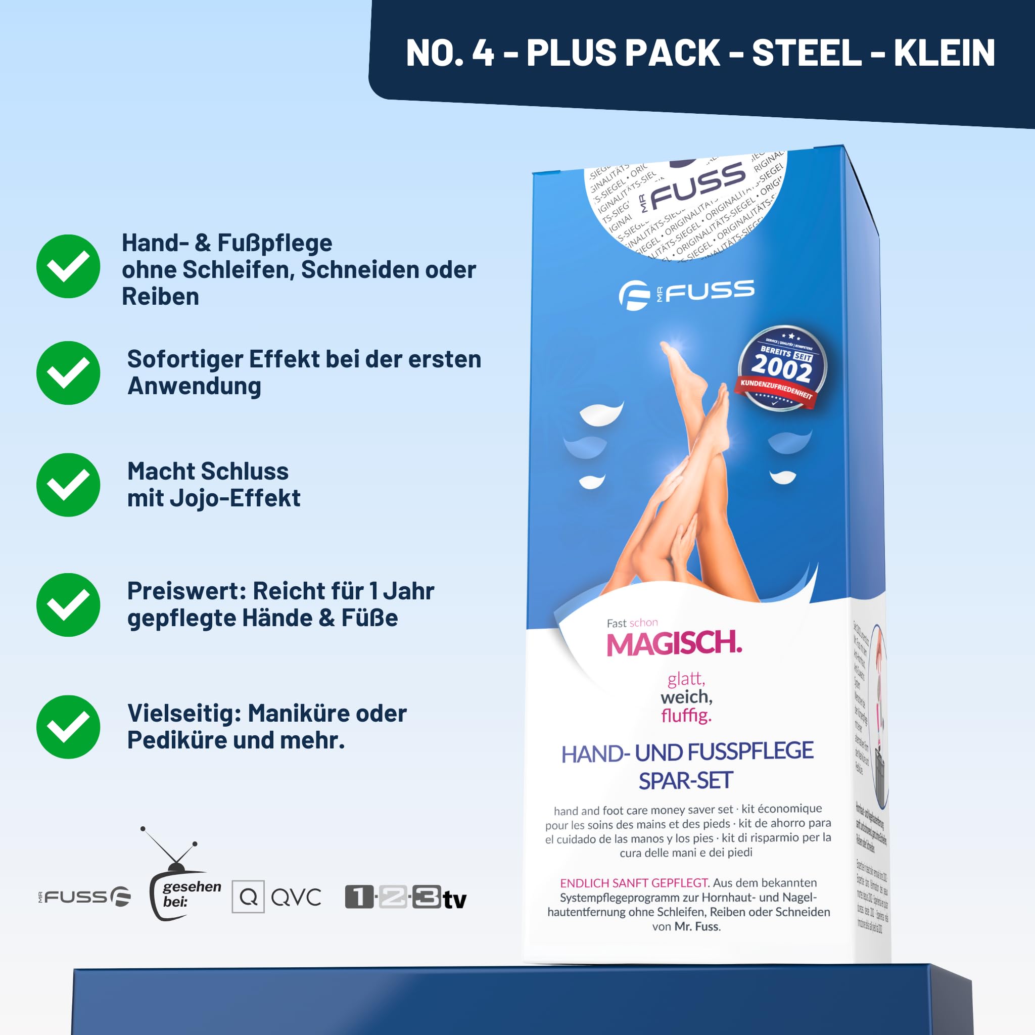 Mr. Fuss Removedor de Callos Solution No. 4 Plus Pack Steel Quitar las Durezas Sin Raspar ni Frotar Paquete de Sistema de 3 Partes para la Eliminación de Callosidad y Cutícula