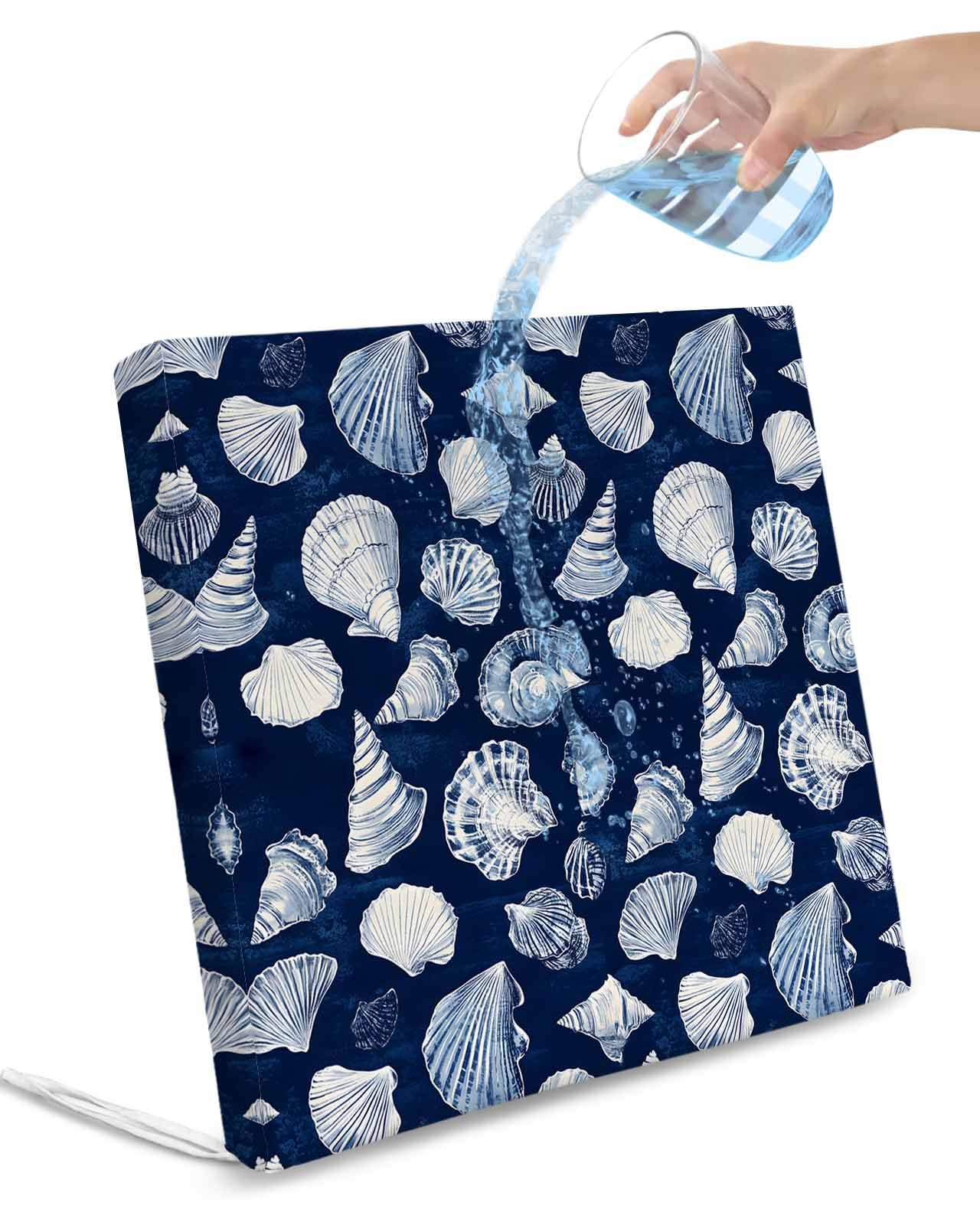 2 Pack Navy Blue Coastal Waterproof Cushion Covers with Ties, Outdoor Patio Chaise Lounge Chair Seat Cushion Slip Covers Replacement(Only Cover) Shell Conch Summer Beach Nautical 22