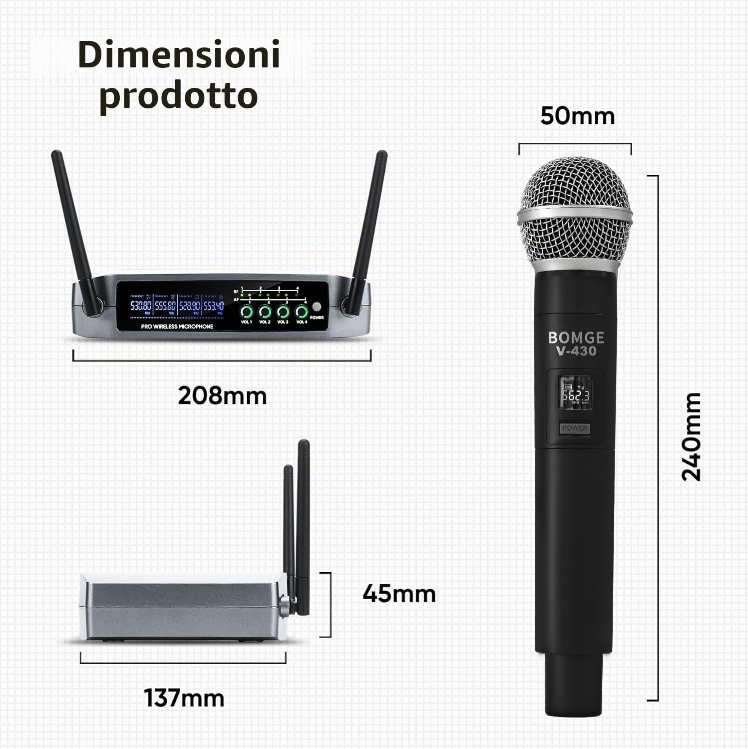BOMGE Sistema di microfono senza fili, set di microfono wireless Pro a 4 canali con quattro microfoni a mano, frequenza fissa, lungo raggio di 200 piedi, ideale per chiesa, karaoke, eventi
