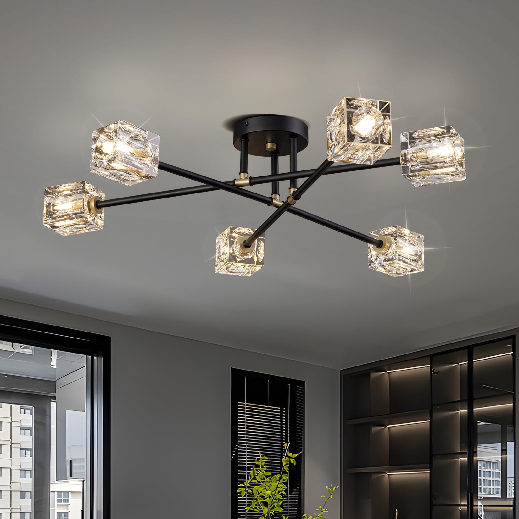 JUJUQI Modern Crystal Ceiling Lighting Fixture, Black and Gold Semi Flush Mount Ceiling Light with 6 Lights, Elegant Ceiling Lamp for Bedroom Living Room Dining Room — image 1