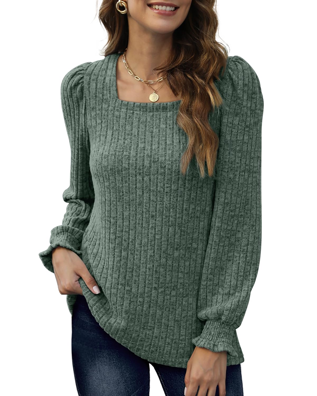 Long Sleeve Tops Women Lightweight Jumpers Ladies Square Neck Sweatshirts Casual Puff Sleeves