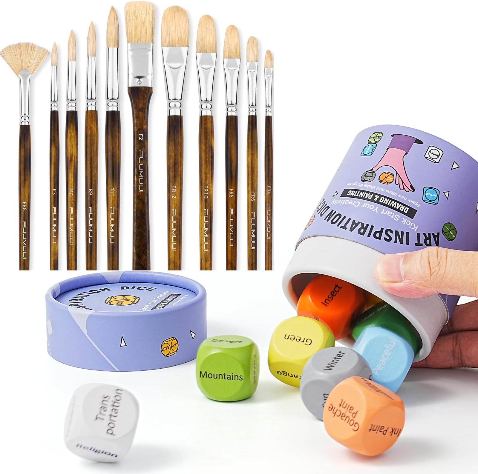 FuumuuiProfessional Oil Paint Brush Set & Inspiration Art Dice, 11pcs Superior Hog Bristle Paint Brushes with Wooden Art Dice for Creative Block Kickstart Creative Inspiration