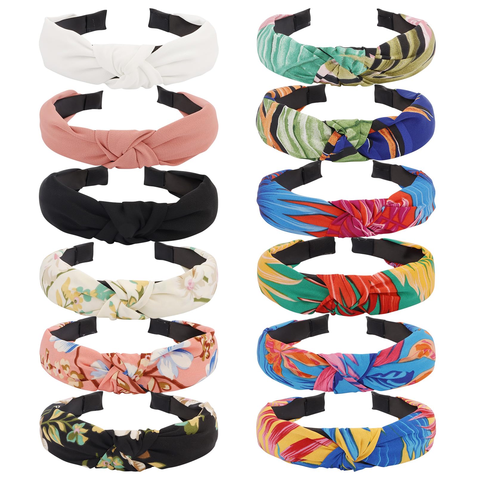 VELSCRUNHeadbands for Women Girls 12 Pack Stylish Top Knotted Headbands Flower Headband For Women's Hair Non Slip Women Fashion Black Pink White Head Bands Wide Hairband Mom Sisters Hair Accessories
