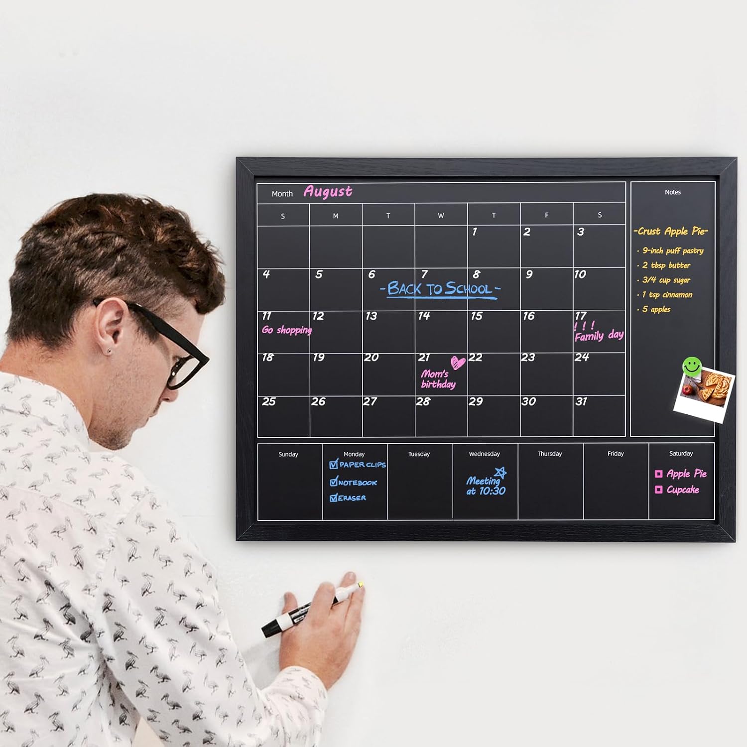 3-in-1 Chalkboard Calendar for Wall, Magnetic Monthly & Weekly Calendar, 22.8x16.9 inches Blackboard for Wall with Black Wood Frame, Hanging Chalkboard for Decor/Memo(YL+ZL-HB-BK,4358)