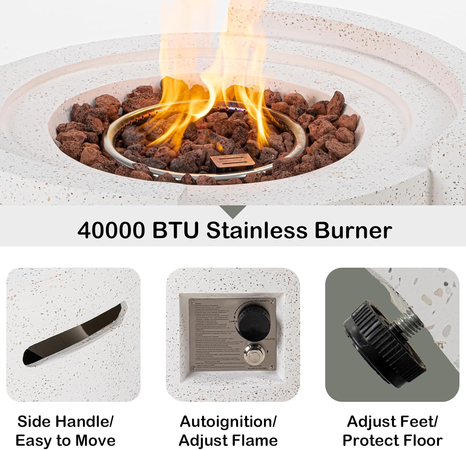 HOMPUS Round Propane Fire Pit Table w Free Lava Rocks & Rain Cover, Terrazzo Colorful Pit Table for Patio, Outside