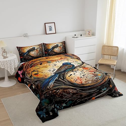 Miniatura 2 de Manfei Juego de edredón de pájaros, tamaño Queen, juego de ropa de cama de 3 piezas con estampado de notas musicales y flores, para decoración de