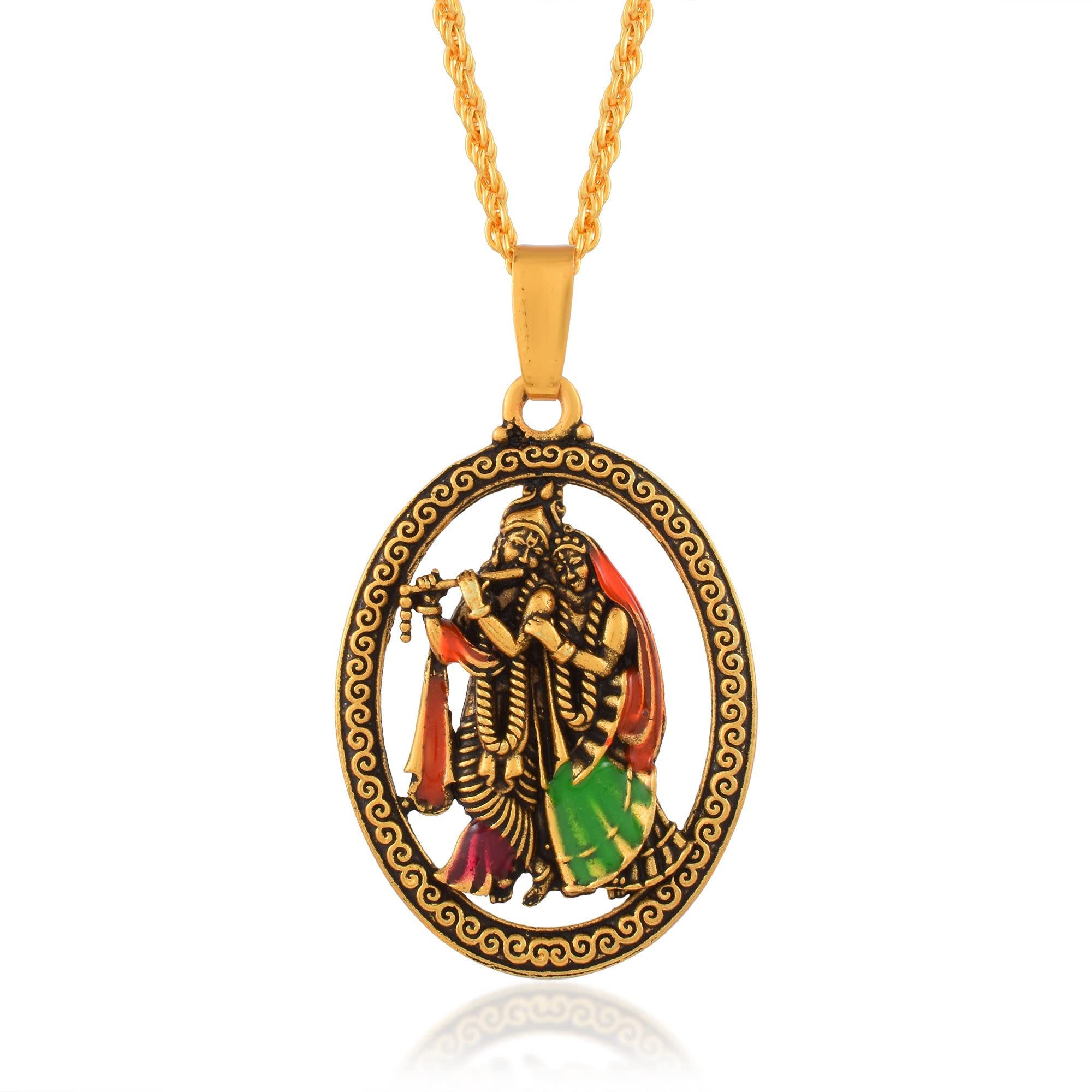 Gold Plated Brass Hindu God Radha Krishna Pendant Locket with Chain Jewellery For Men And Women-image-28