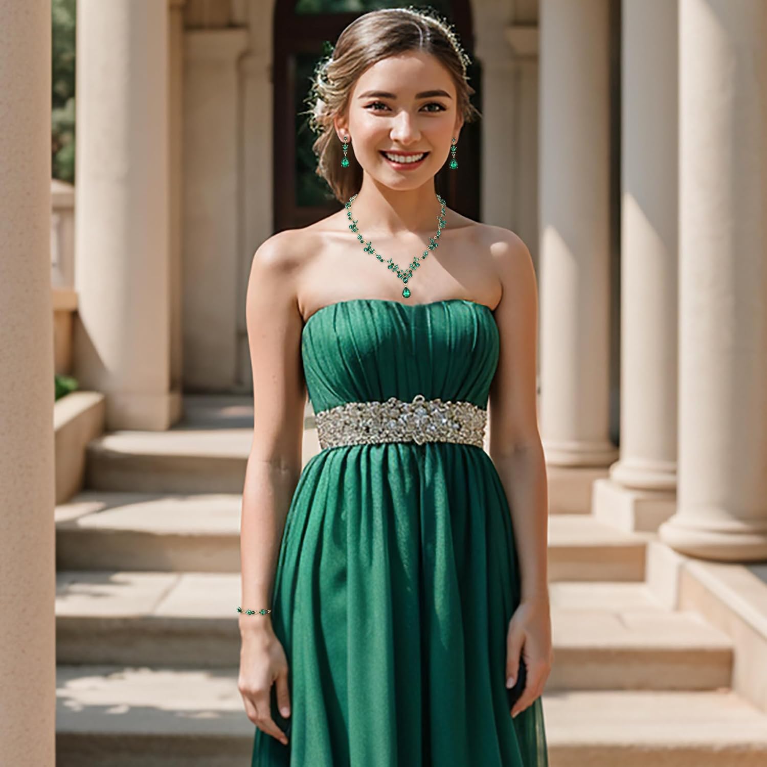 BriLove Wedding Jewelry Set for Women Bride, Y-Necklace Tennis Bracelet Dangle Earrings Crystal Teardrop Marquise Cluster for Bridal Bridesmaid - Image 4