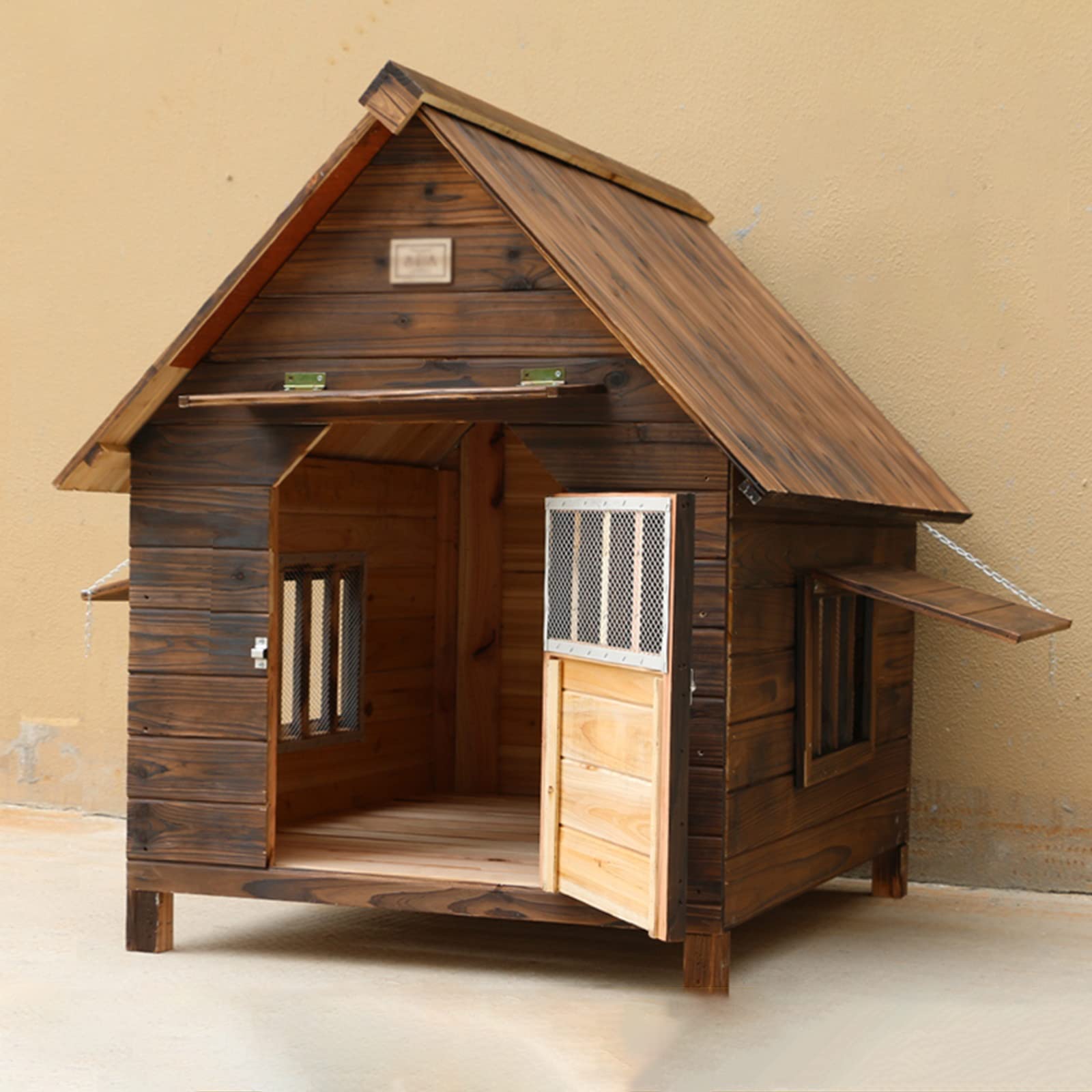 Caseta Perros Exterior, Refugio Impermeable para Cachorros Caseta Interior para Perros con Piso Elevado, Puerta Delantera, Ventana Lateral, Perrera Elevada De Madera para Perros Medianos/Grandes (C