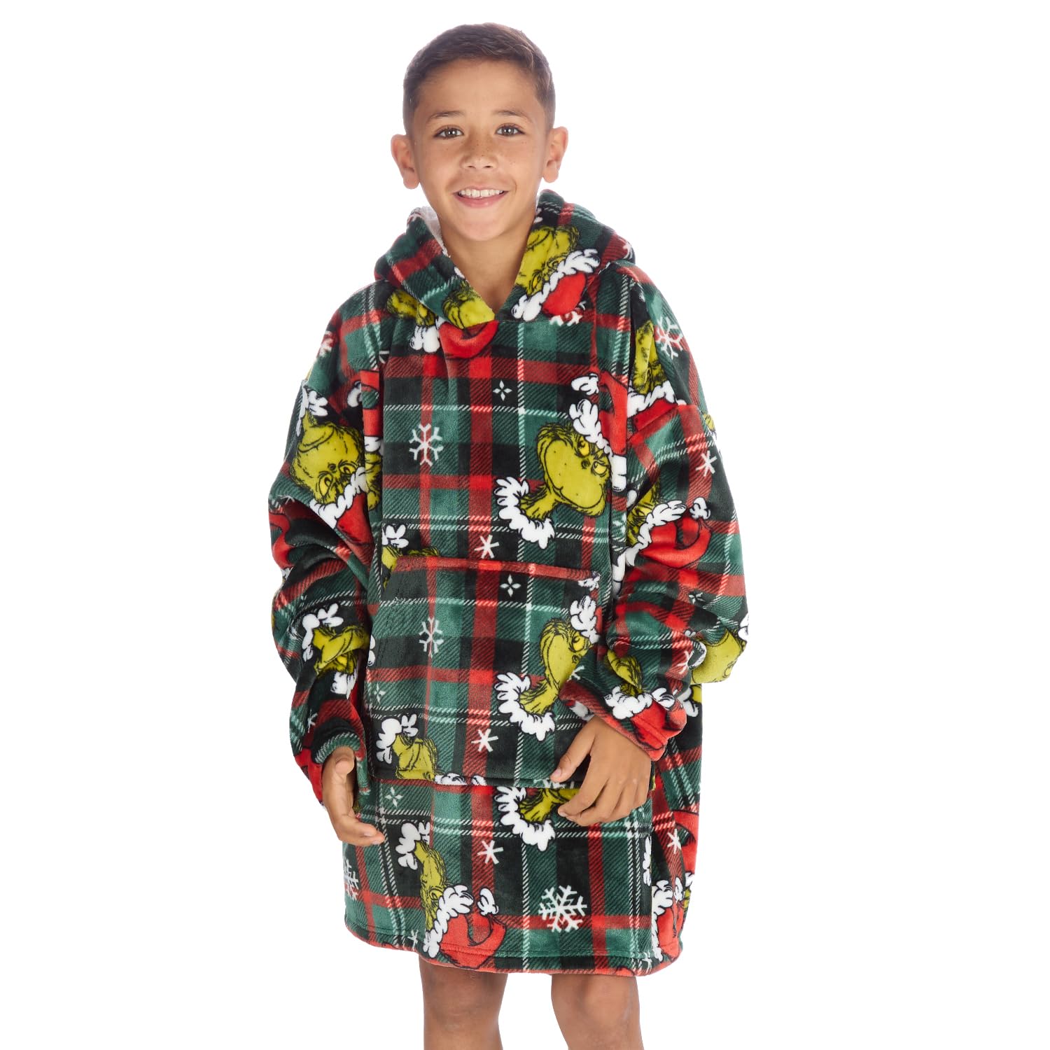 Kids Grinch Oversized Sherpa Hoodie Cosy Fleece Wearable Blanket with Hood & Pocket (Check Green) One Size