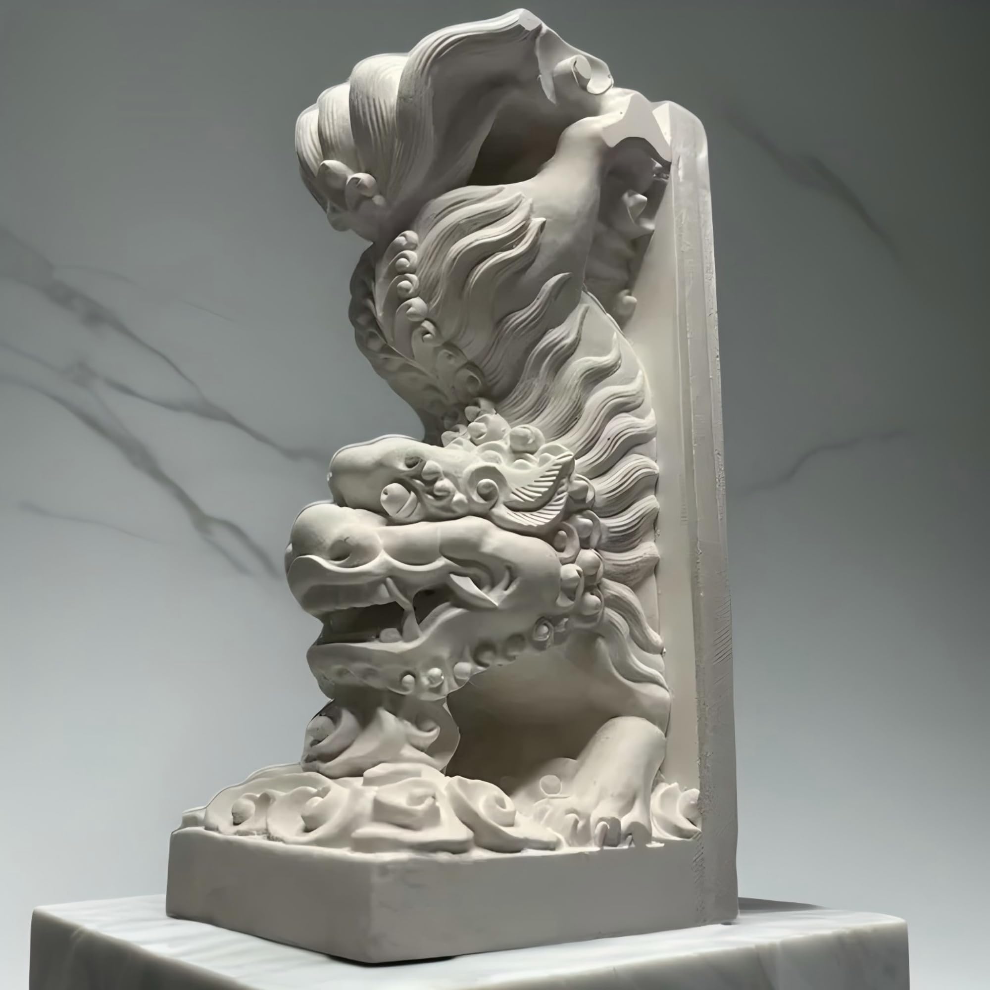 Dytartzx White Plaster Qilin Sculpture Bookend – Handcrafted Oriental-Inspired Lion Statue For Home Office Or Bookshelf Decor