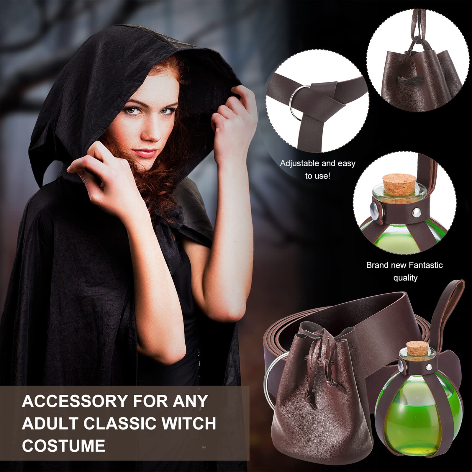 Fioles Potion Sorcière Avec Support Cuir – Accessoire Cosplay Halloween – Bouchon Liège – Lot De 3 – Pour Ceinture