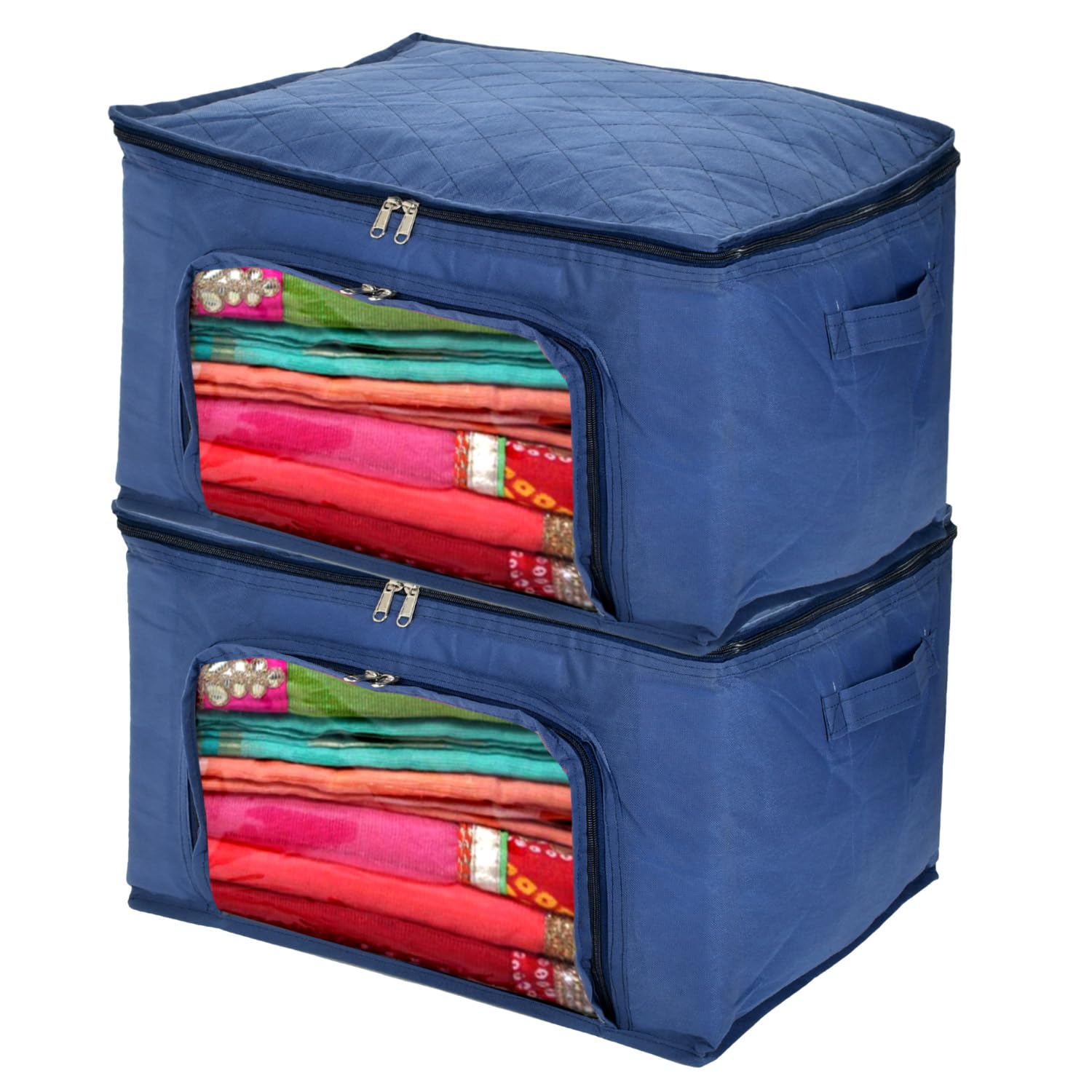 Kuber Industries Storage Bag | Non-Woven Zipper Closure Storage Bag | Clothes Organiser | Wardrobe Organizer with Transparent View | Pack of 2 | Blue