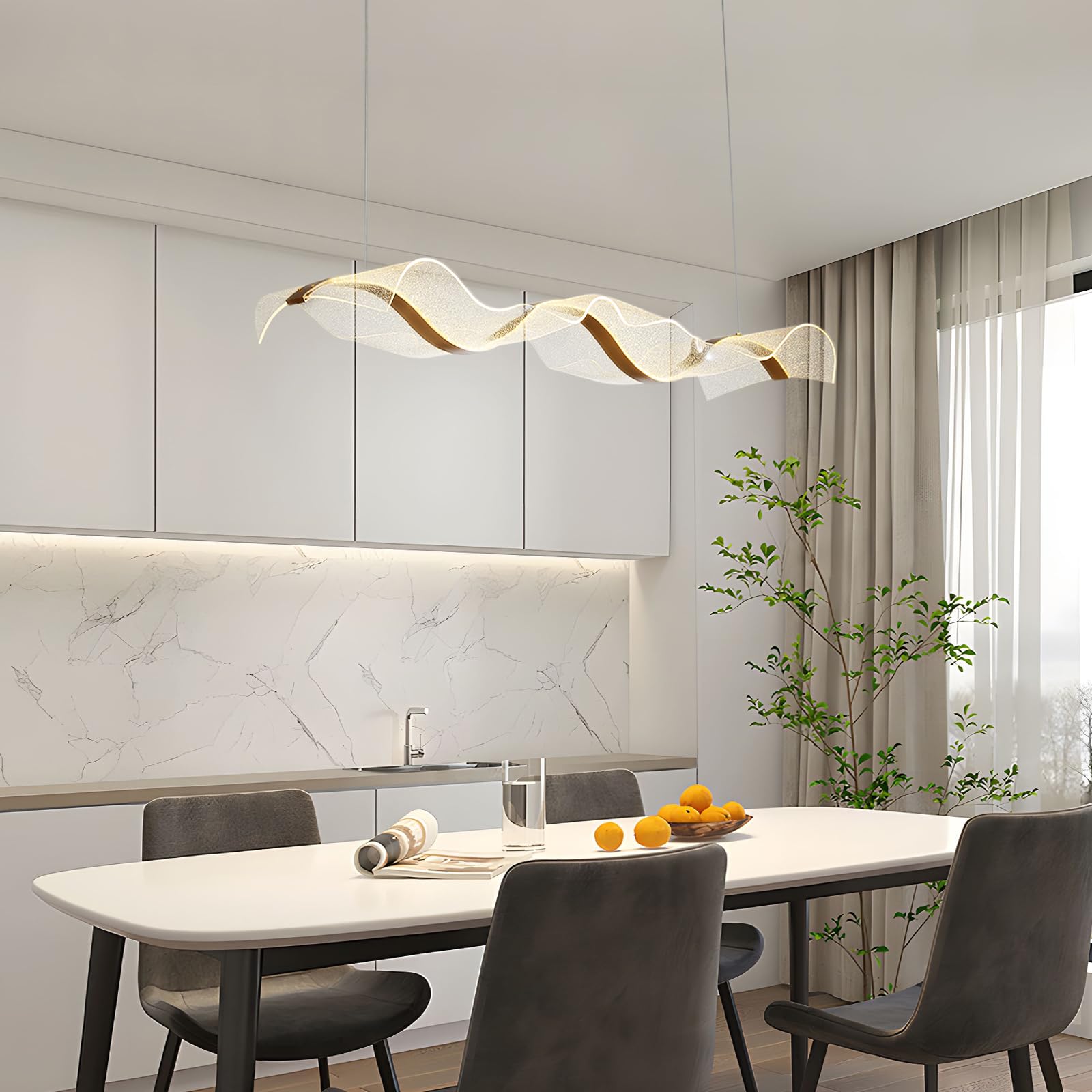 HvKvHvY Chandelier LED Modern Pendant Lamp with Remote Control Dimmable Dining Table Pendant Lighting Wave Ceiling Lights Adjustable for Kitchen Island Bedroom Reception Hall Hanging Light Fixture
