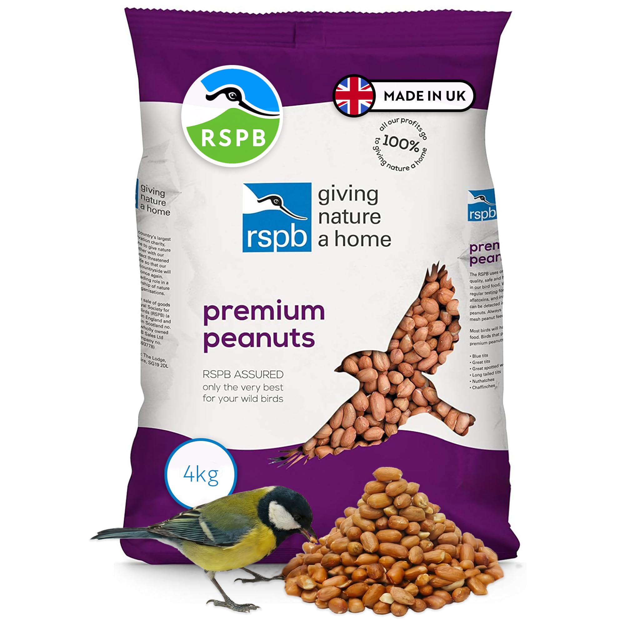 RSPB R405615 Premium Peanuts 4Kg Wild bird Food, supporting Charity, Re-sealable & recyclable pouches, for use in Garden & outdoors. Perfect for Feeders, ground feeders & bird tables, Brown