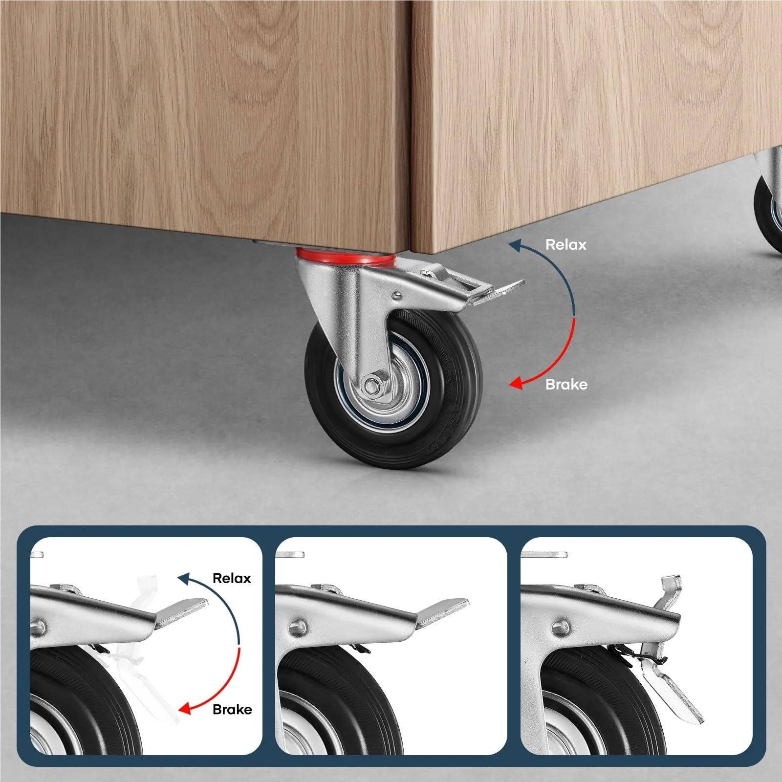 4/8PCS Ruote for il trasporto di i Ruote fisse Ruote for carichi pesanti Kit di attrezzature meccaniche Ruota direzionale con freno, Facile da Installare(4pcs 200mm)