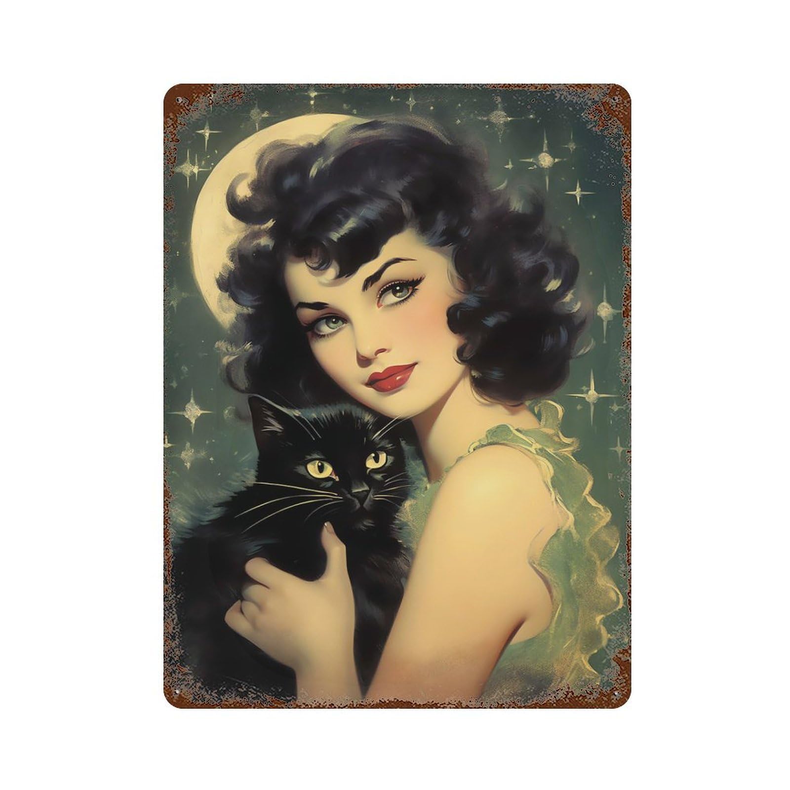 Halloween Black Cat Witch 15.7"x11.8" Vintage Rust Metal Sign, Shabby Chic Decor for Garage, Bar And Workshop Decor