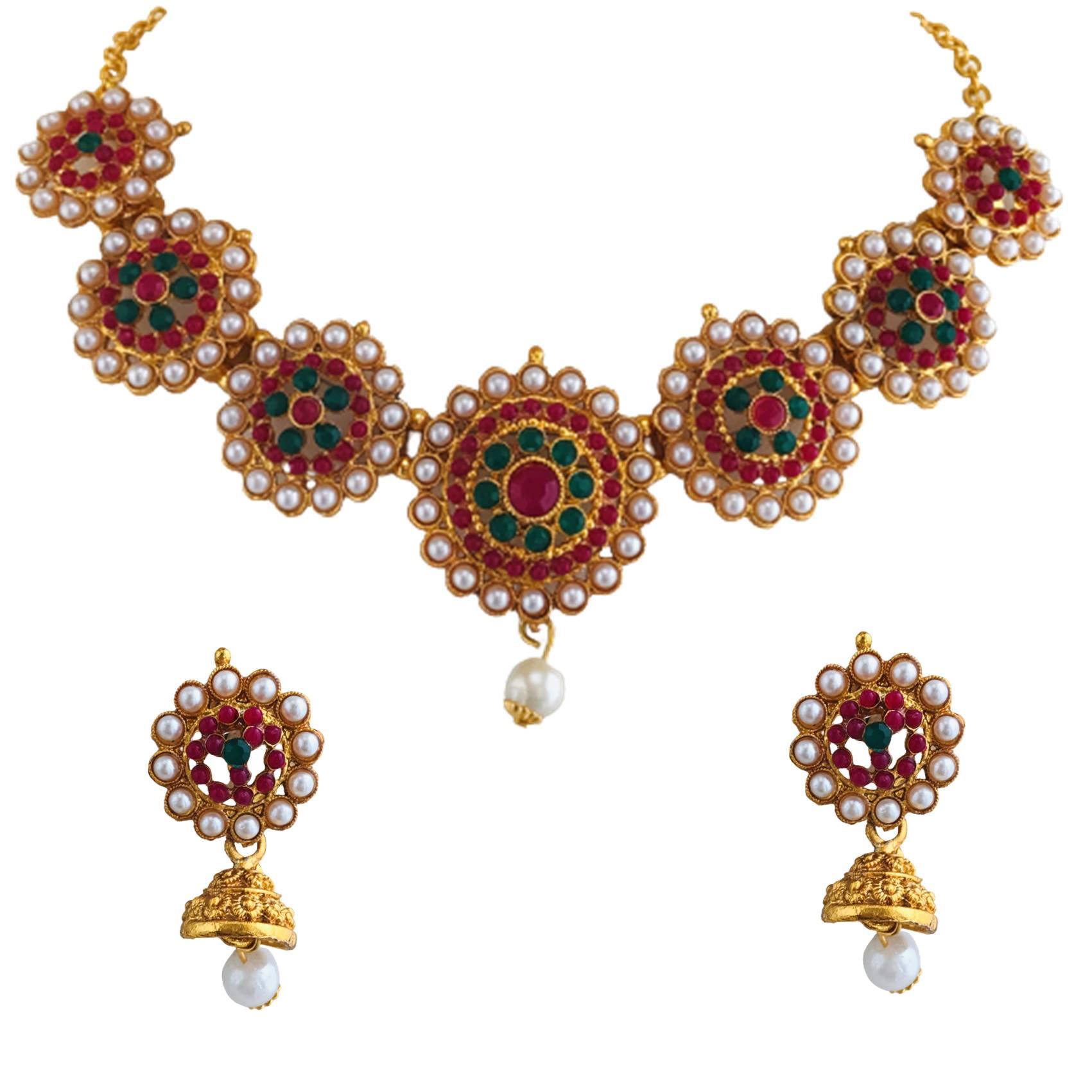 Sattyaki Gold-Plated Traditional South Indian 7 Ruby Kempstone Pendant Temple Bridal Necklace Set with Jumki Earrings beadwork for Women,Girls. (B0BKG7HK59) Amazon Price History, Amazon Price Tracker