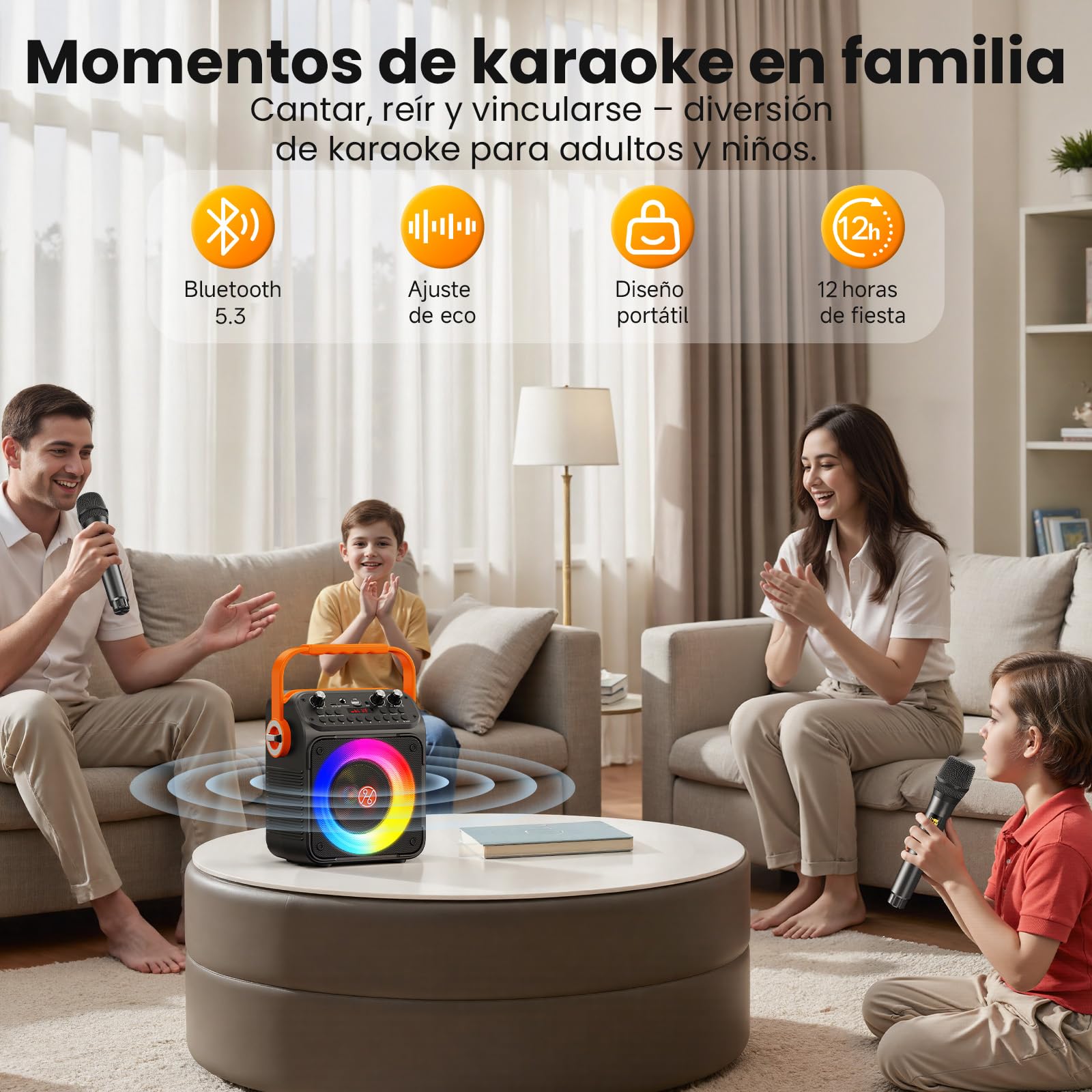 HWWR Karaoke 2 Microfonos Inalambricos, Karaoke Profesional para Adultos Y Niños Altavoz Bluetooth con Preamplificador De Micrófono, Portátil Bluetooth Fiesta Altavoz Karaoke-Regalo