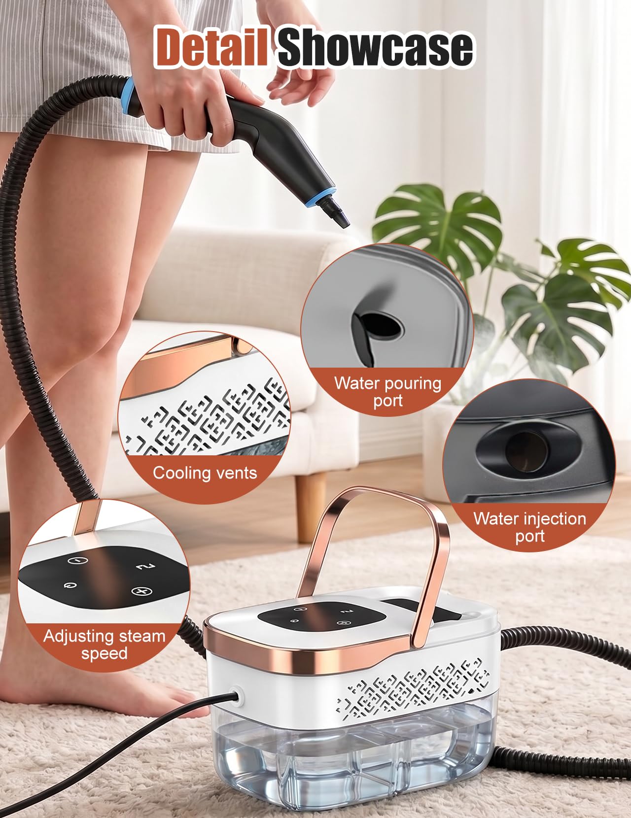 Odkurzacz Parowy, Wielofunkcyjny Ręczny Odkurzacz Parowy o Mocy 2500 W z 6 Regulowanymi Prędkościami i 8 Rodzajami Dysz, Przenośny 1250 ml, Wysokociśnieniowy