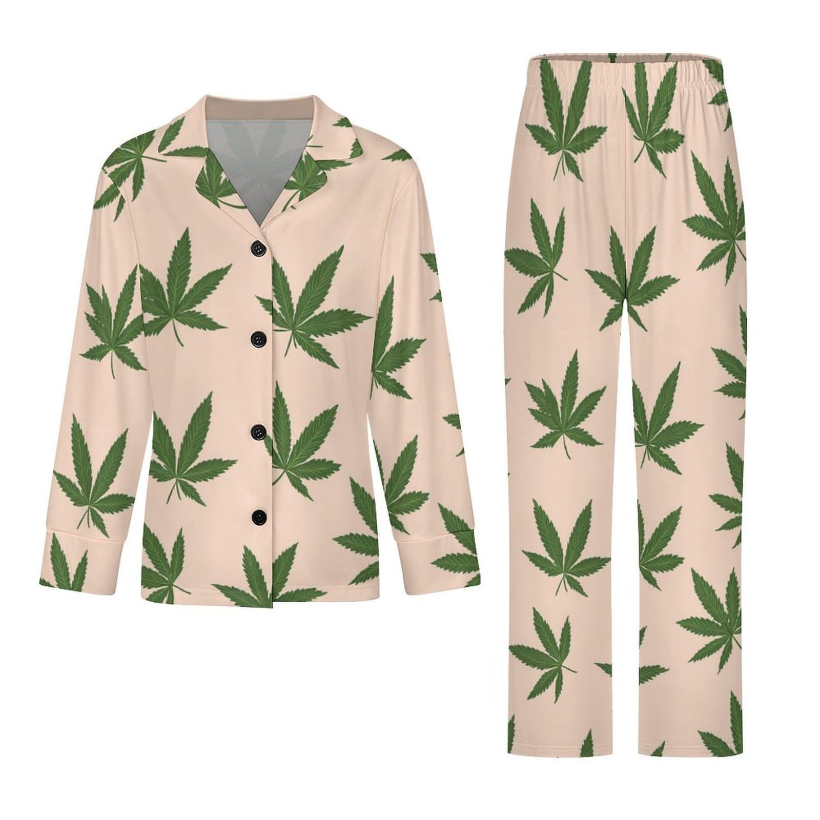 Conjunto de pijama elegante para mujer con estampado de malezas, manga larga, botones y pantalones, ropa de descanso