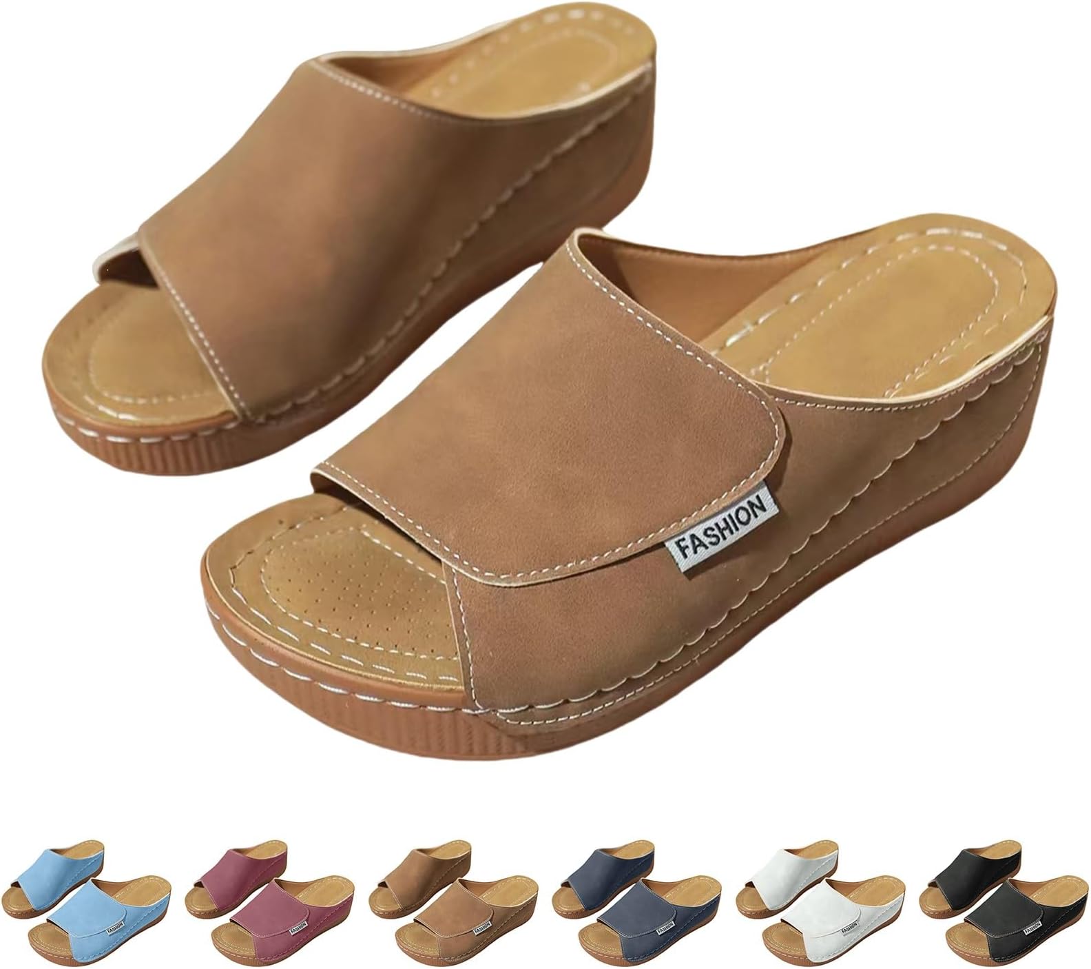 Sandals for Women 2025 Solid Color Comfortable Arch Support Slides Breathable Summer Orthotic Leather Platform Wedge Sandals Slip on All Day Walking Casual Sandal