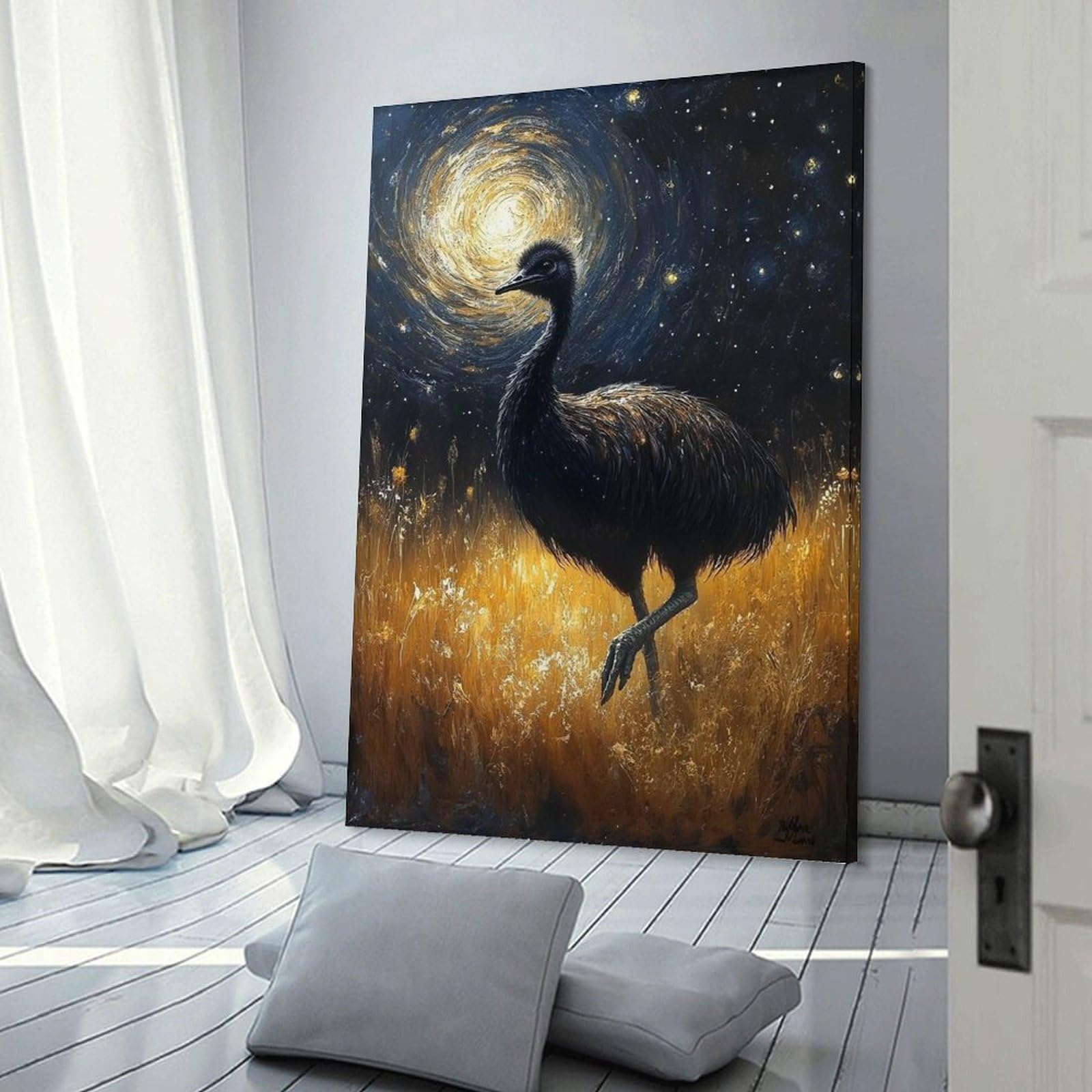 Junmoney Frame-Style-10 Emu Under Starry Night Painting Wall Picture Print 12X18inch(30X45cm), For Calm Bedrooms, Home Corners Or Flats, Home Artwork With A Soft Interior Feel