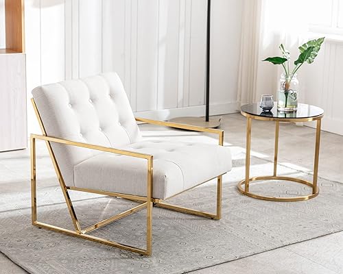 Miniatura 6 de HNY Silla decorativa moderna de mediados de siglo, silla tapizada con botones de lino con marco de metal dorado, silla de sala de estar de 25.5