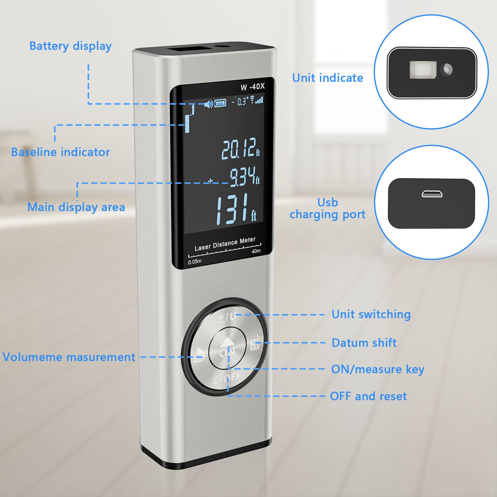 Laser Measuring Tool Laser Measure, ACPOTEL 196ft M/In/Ft Laser Distance Meter With Electronic Angle Sensor, USB Dual Laser Measuring Tool