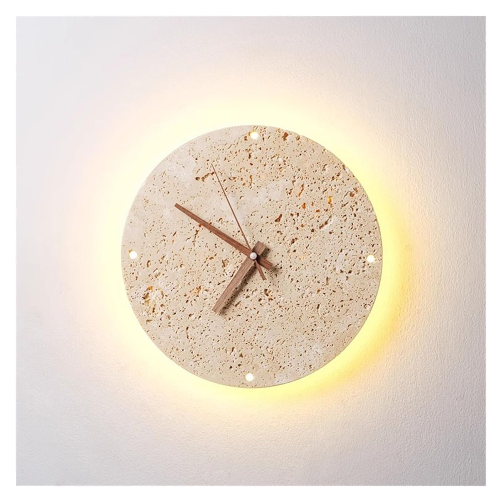 VALORCIRONA Clock Yellow Travertine Bedroom Bedside wall lamp Round Clock stairwell Japanese Style Wabi-sabi Style Living Room Atmosphere Light(Diameter230mm,Warmlight3000K)