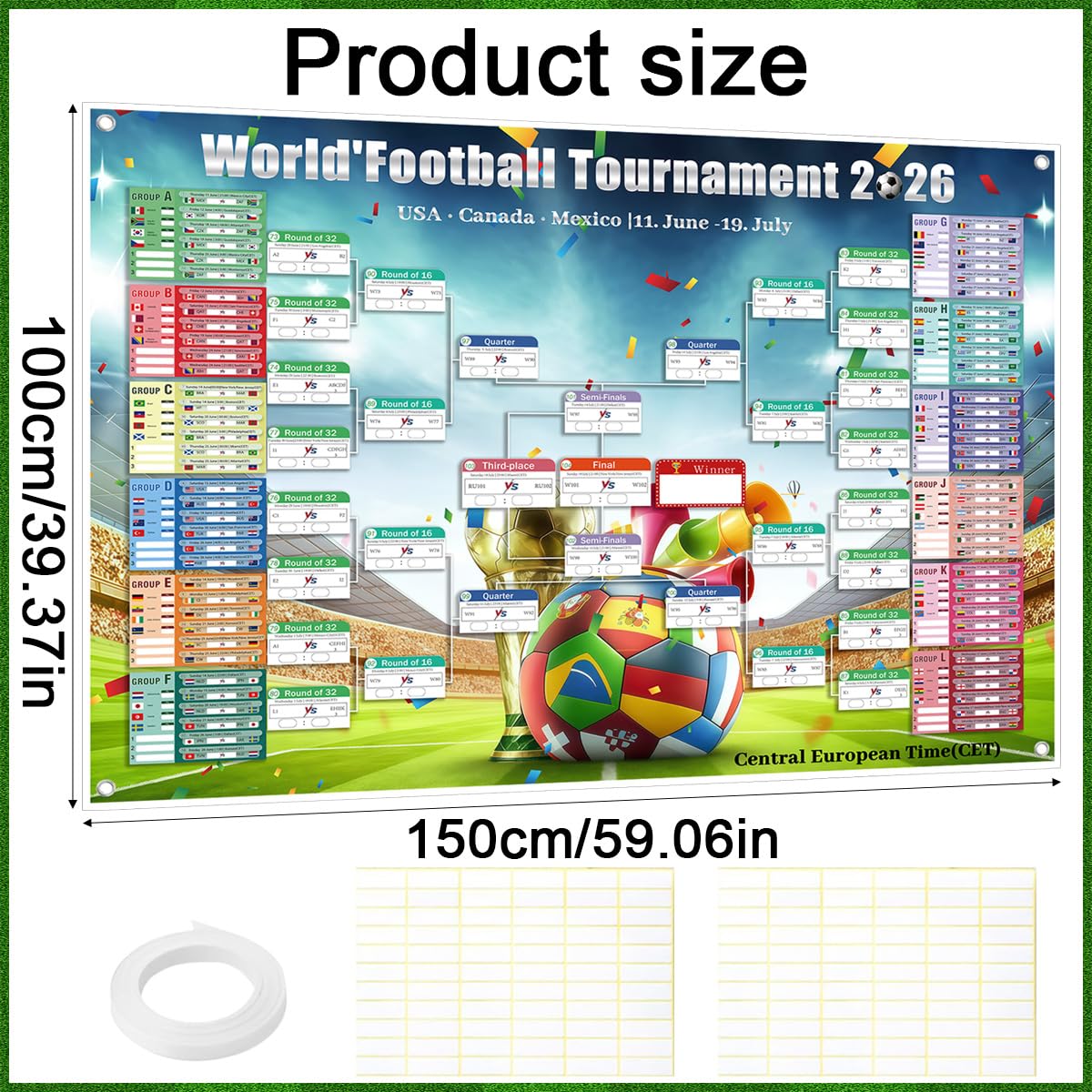 Poster Calendario Partite Coppa del Mondo 2026, 150x100cm con adesivi correttivi e cordino, calendario di gioco con 48 squadre, Decorazione Salotto Bar Festa, Ideale per i Tifosi di Calcio (150x100)