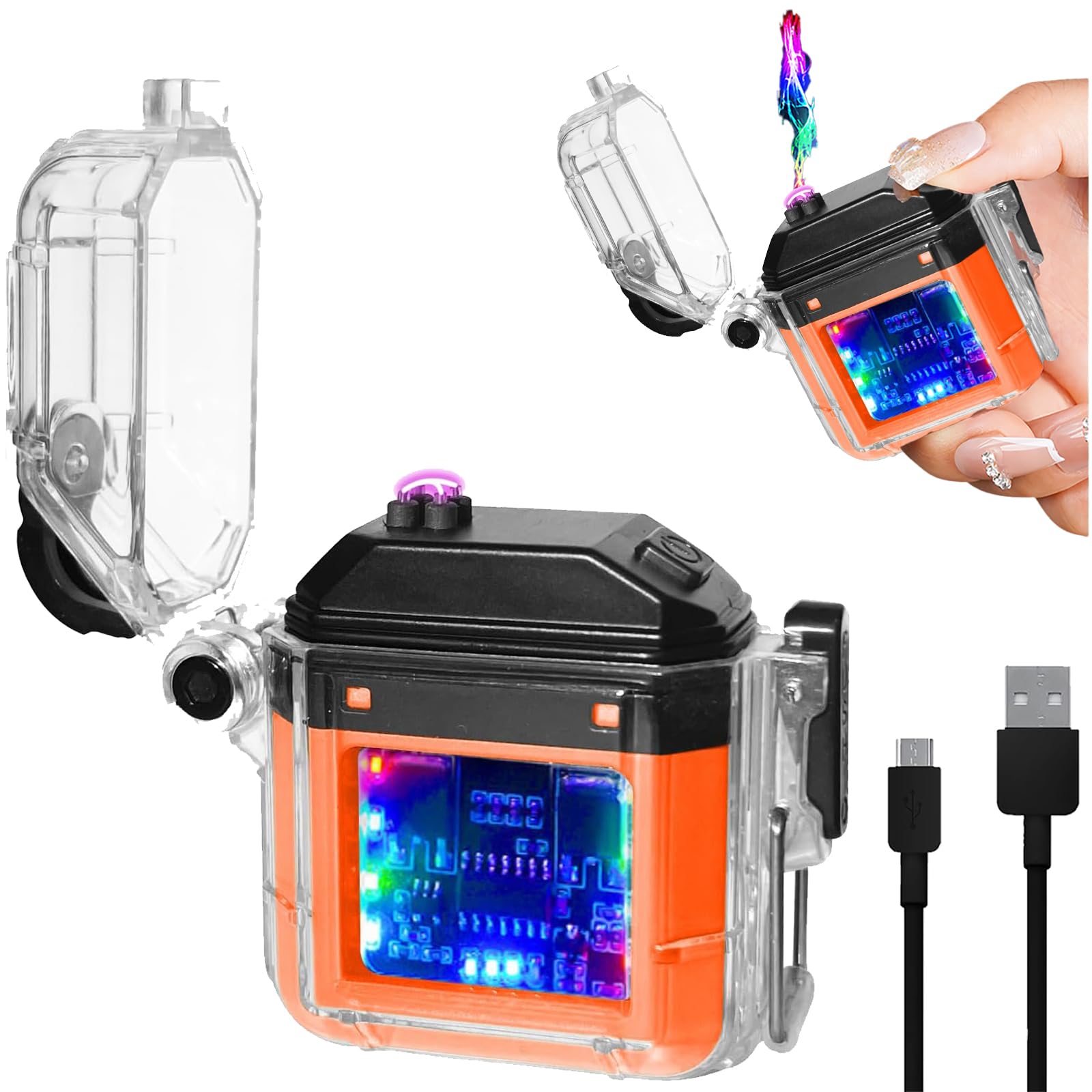 Birbann Orange Electric Lighter Rechargeable Lighters Waterproof Windproof Flameless Fire Lighter Cigarette Lighter With Battery Indicator And Usb C Rechargeable For Outdoor Hiking Survival Equipment (Orange)
