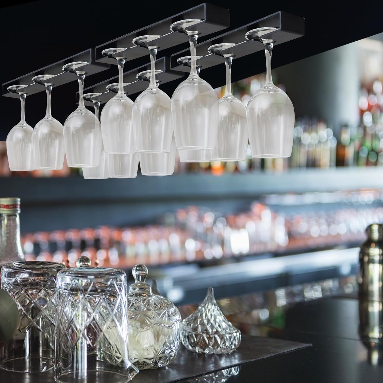 Wine Glass Holder,Wine Glass Rack 4 Pack,No Drilling Wine Glass Holder Under Cabinet, Hanging Stemware Rack Organizer Hanger for Bar Cabinet Kitchen（Black）