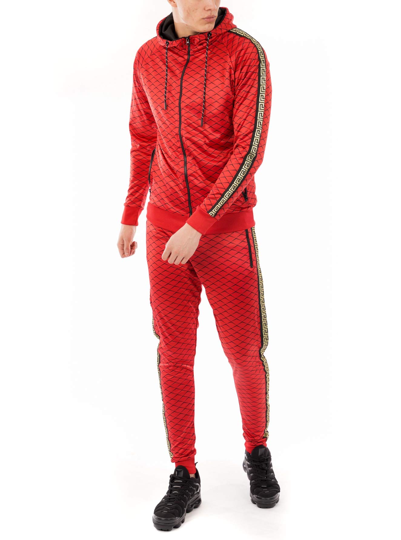 Men's High Fashion Polyester All Over Diamond Pattern Printed Tracksuit Jogging Suit