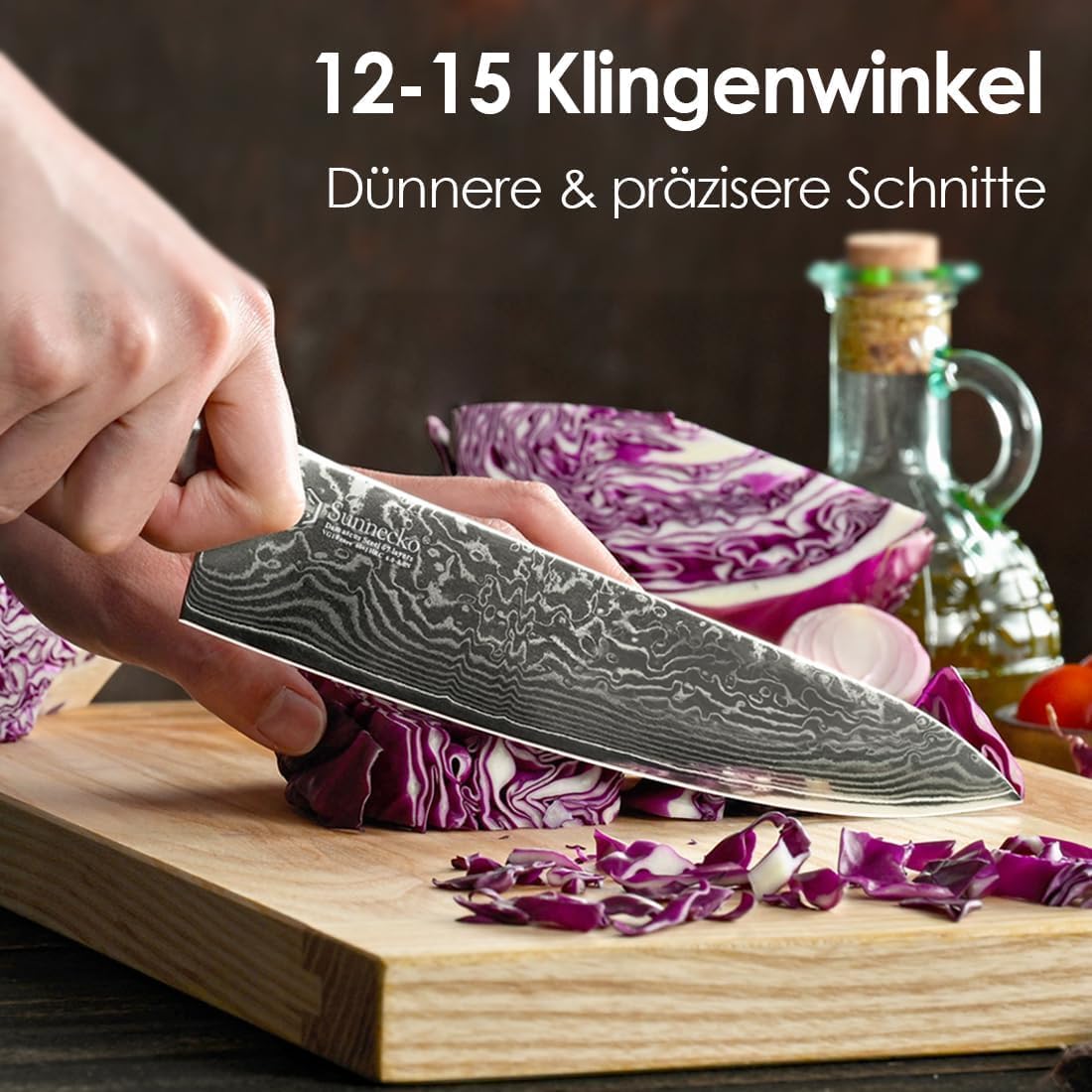 Sunnecko Damastmesser 20cm Kochmesser Küchenmesser | Scharf Messer aus Damaststahl, Damast Küchenmesser mit Ergonomischer Griff, Fleischmesser für Küche