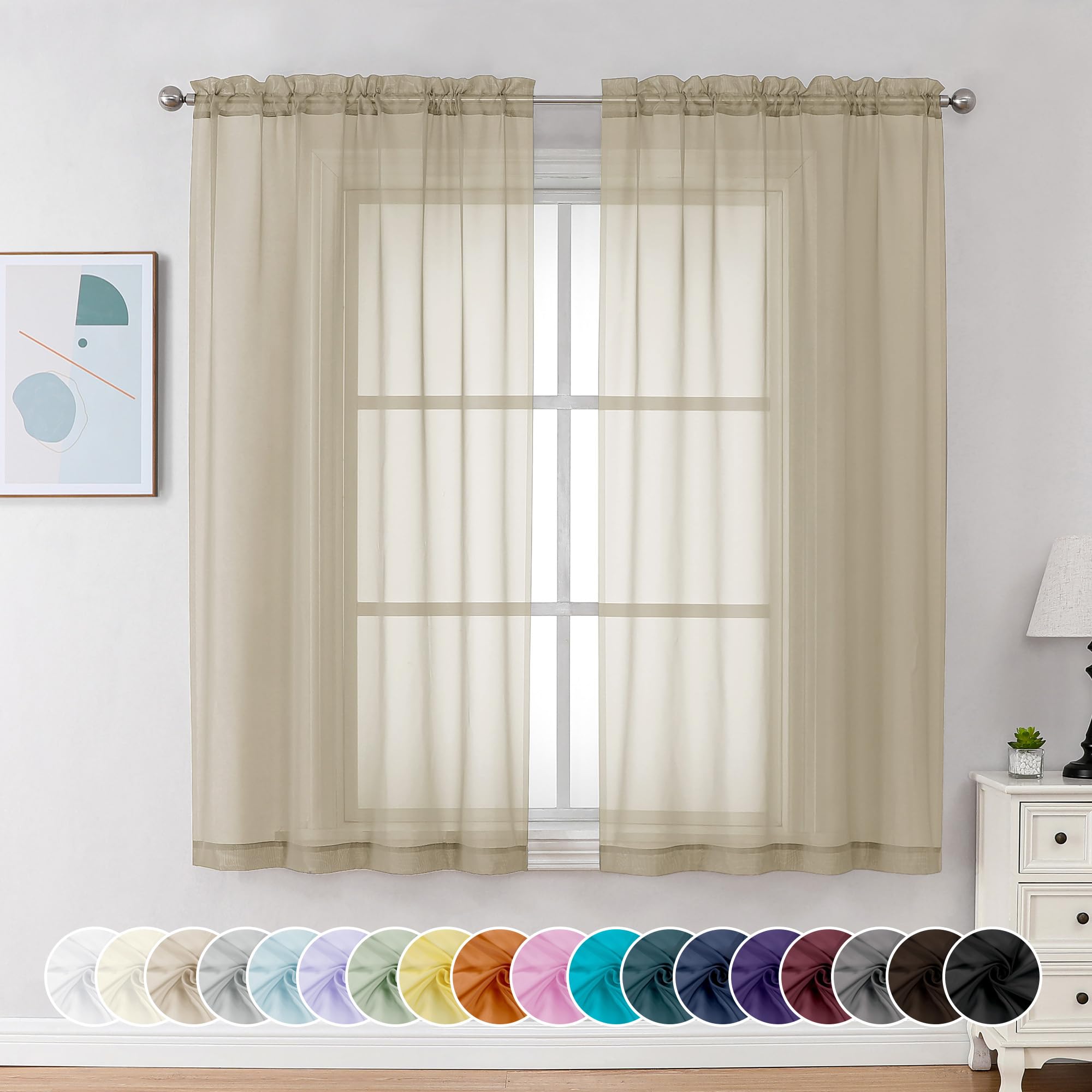 Chyhomenyc Taupe Sheer Curtains 54 Inch Long 2 Panels, Light Filtering Rod Pocket Voile Short Curtains Drapes for Living Room Bedroom Small Windows, 42Wx54L Inches