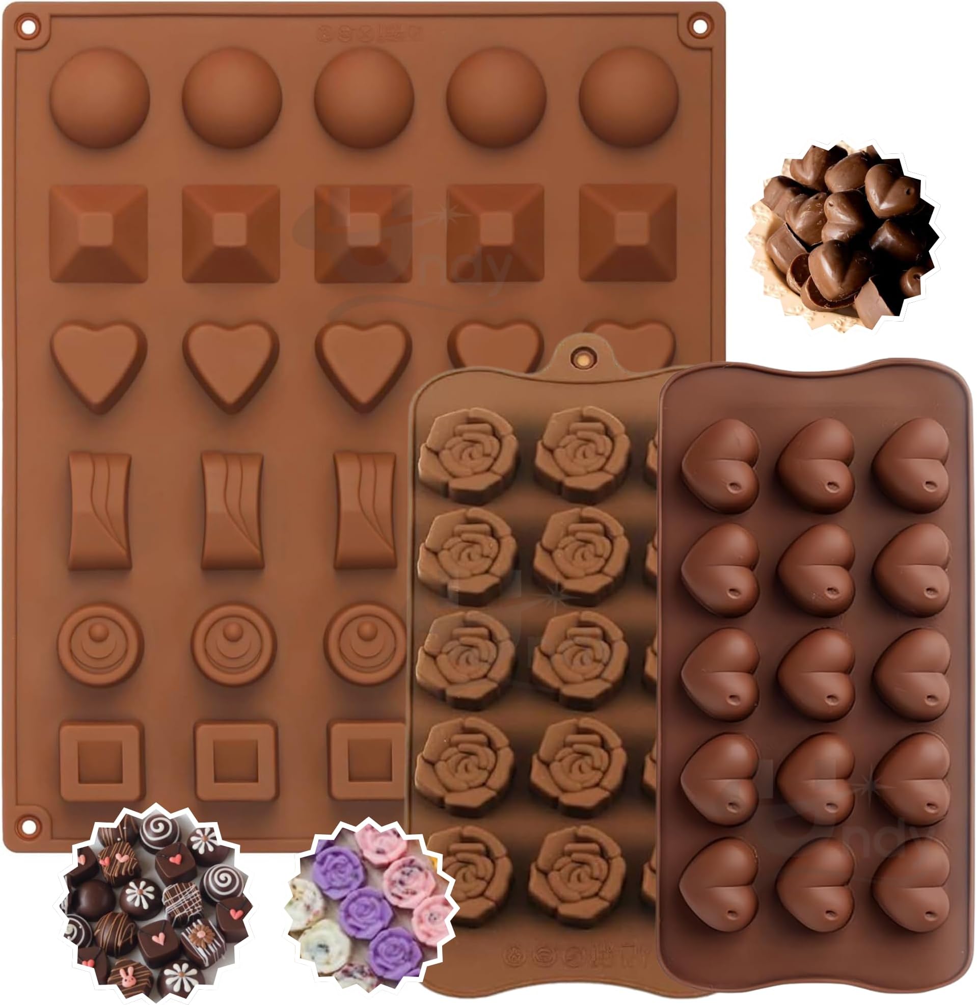 Undy 3 Pcs Chocolate Mould Set | Heart Square Rectangle Round Sphere Rose Pyramid Shape | Silicone Mold for Candy Jelly Wax Melts Mini Soaps Ice Cubes | Reusable Non-Stick | 60 Cavity | Brown