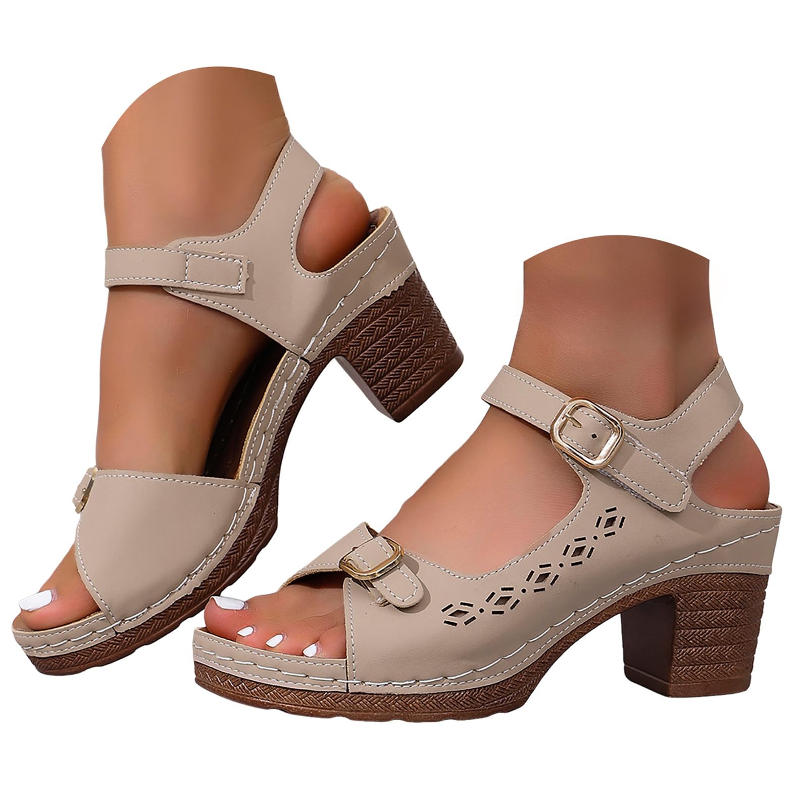 Women Heeled Sandals Leather Platforms Ankle Straps Sandal Open Toe Chunky High Heel Fish Mouth Summer Dressy Fashion Solid Color Non Slip Breathable Vacation Beach Casual Shoes