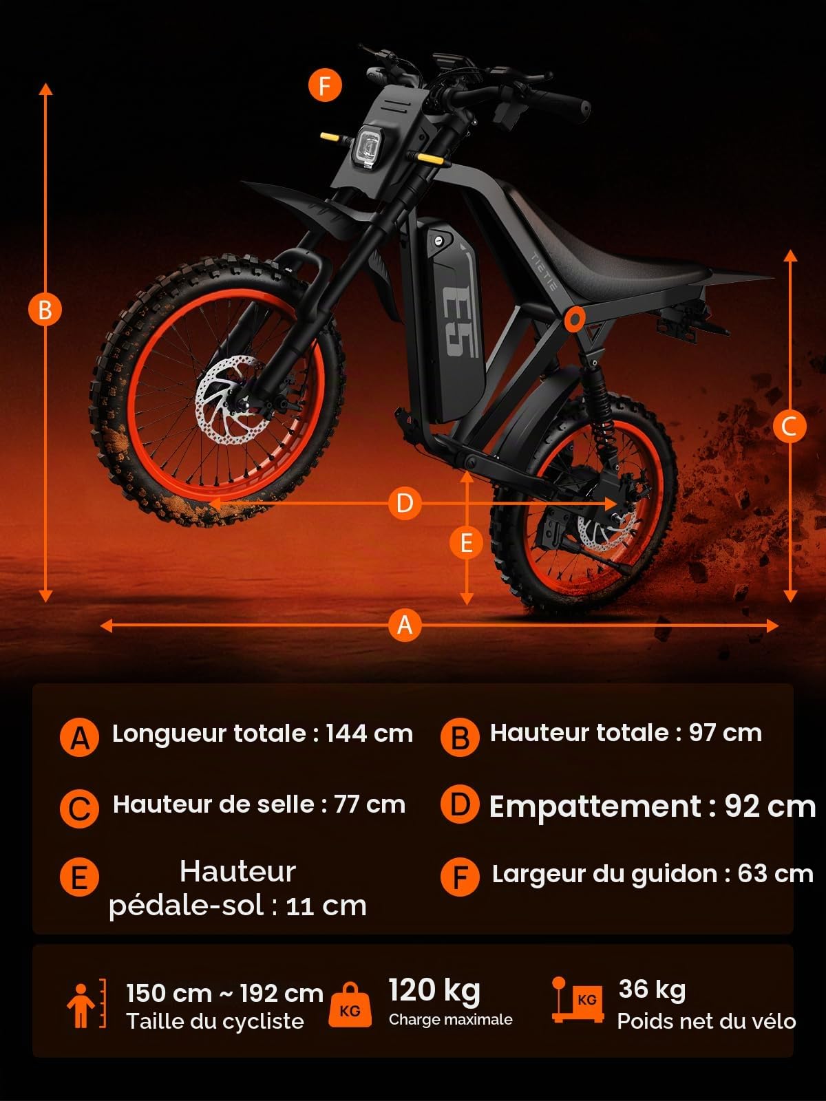 E5 Vélo Électrique VTT, 14" Vélo Électrique Tout-Terrain pour Adultes et Ados, Batterie Amovible 48 V 20 Ah, Autonomie 80KM, Moteur 60 N·m, Double Suspension, Grand Écran LCD, Démarrage NFC