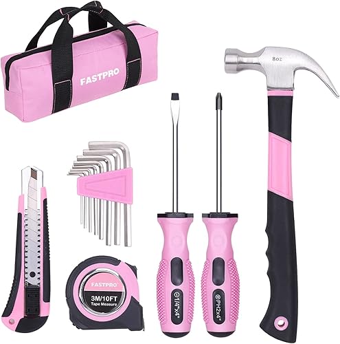 FASTPRO Kit de herramientas rosa de 14 piezas, juego de herramientas de mano para mujeres, herramientas domésticas para mantenimiento y reparación